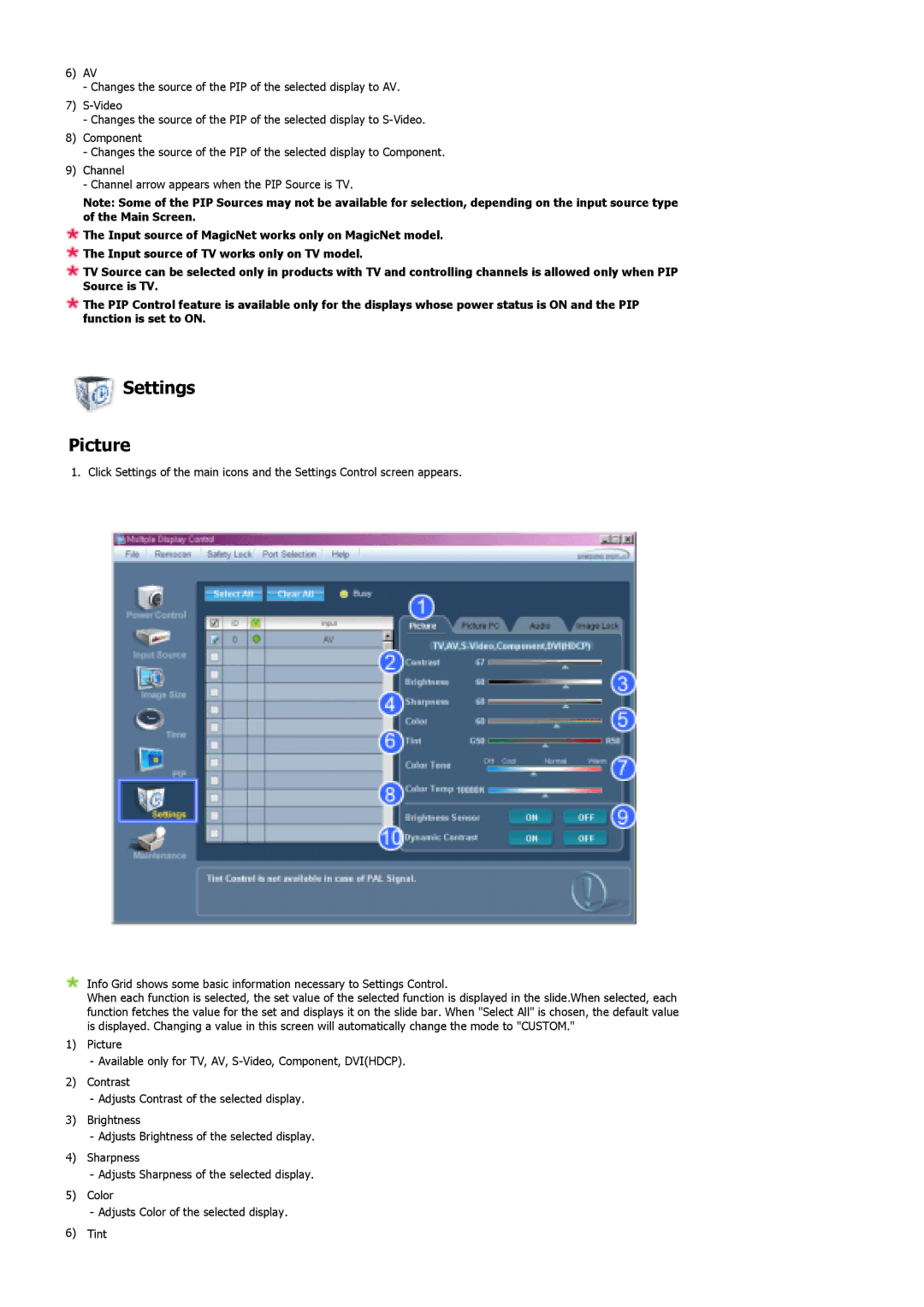 Samsung 400DX, 460DX specifications Settings Picture 