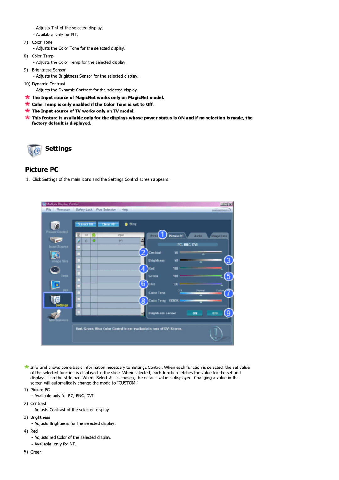 Samsung 460DX, 400DX specifications Settings Picture PC 