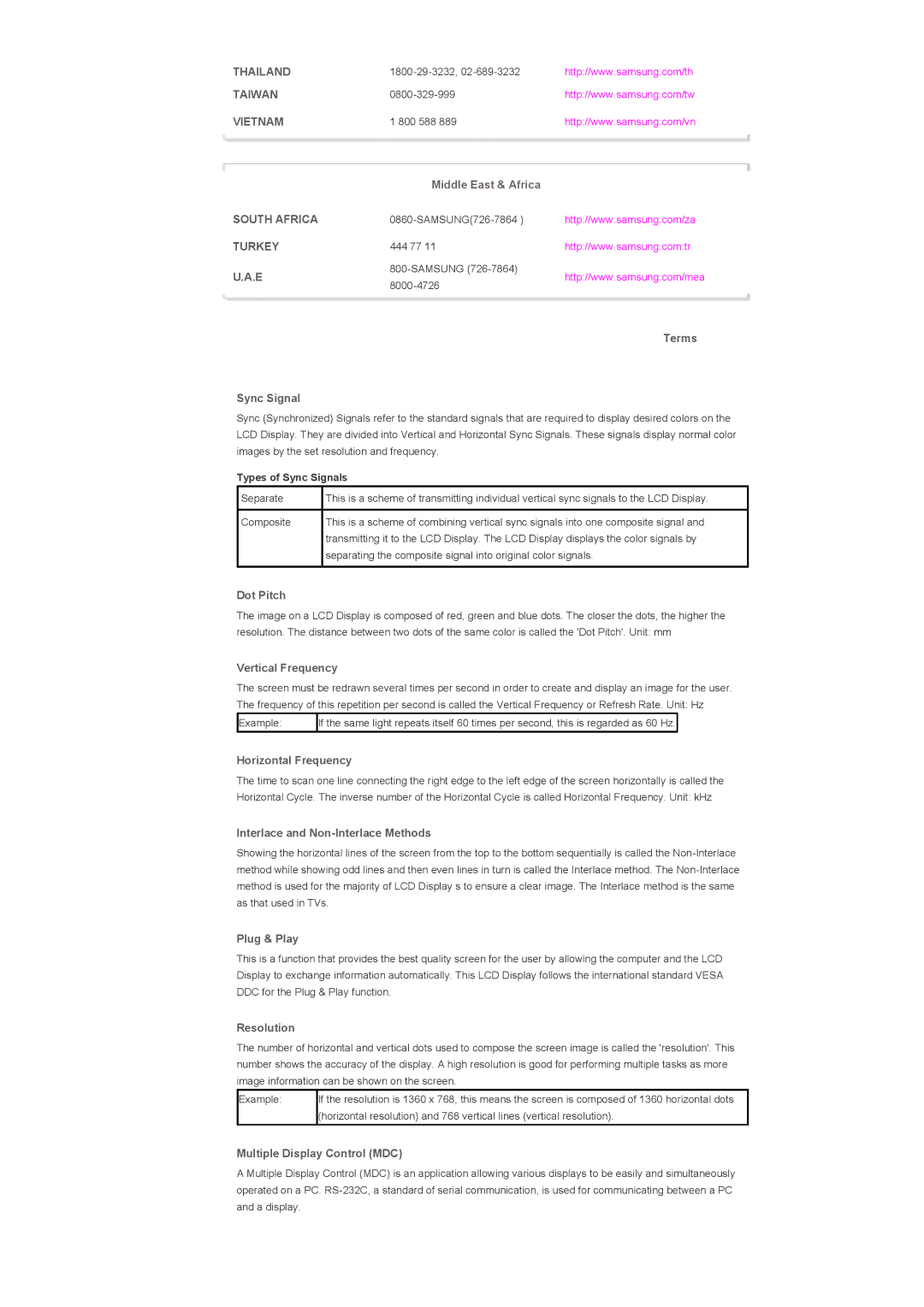 Samsung 460DX Terms Sync Signal, Dot Pitch, Vertical Frequency, Horizontal Frequency, Interlace and Non-Interlace Methods 