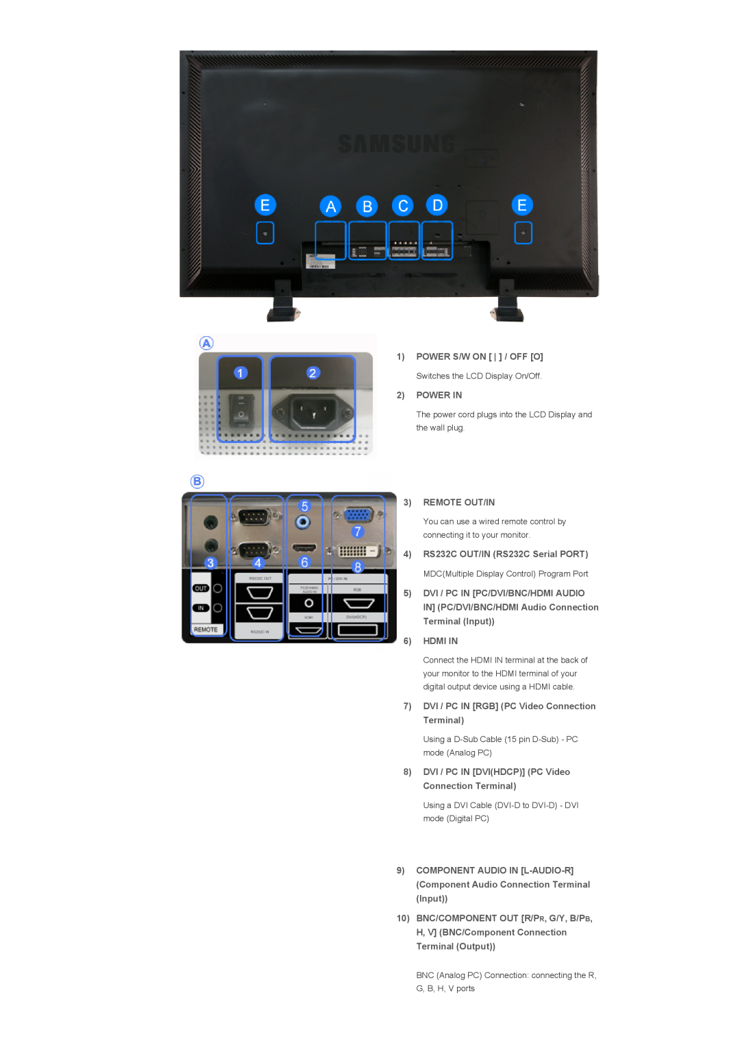 Samsung 400DX, 460DX specifications Power In, Remote Out/In, Hdmi In, DVI / PC IN RGB PC Video Connection Terminal 