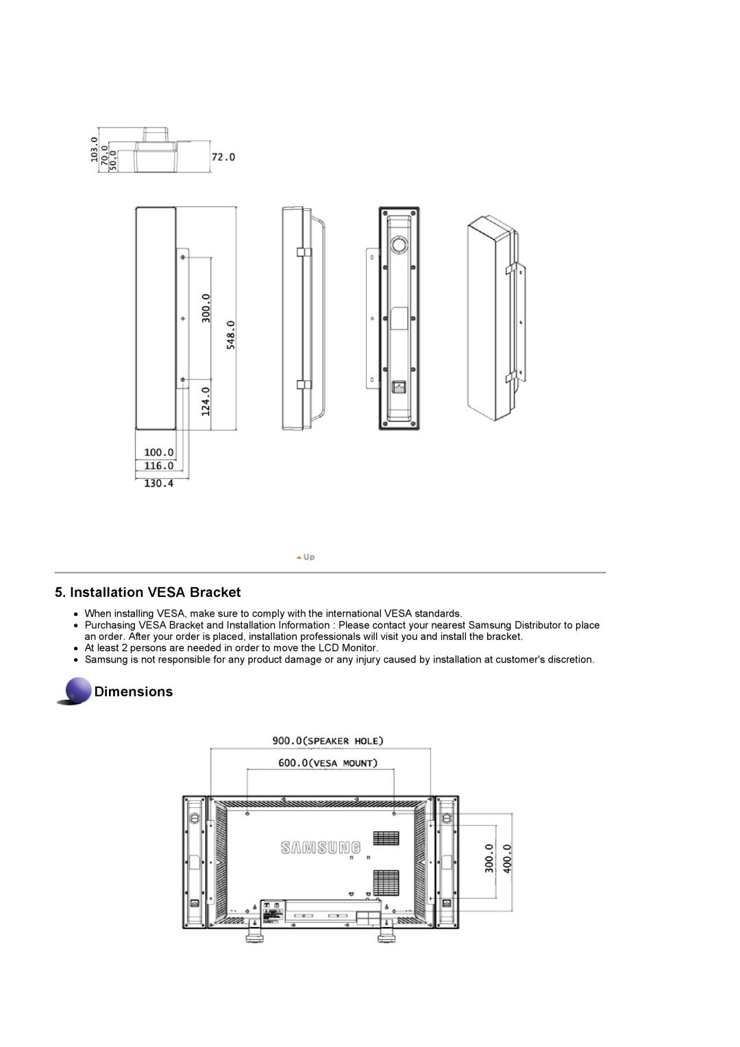 Samsung 400DX, 460DX specifications Installation VESA Bracket, Dimensions 
