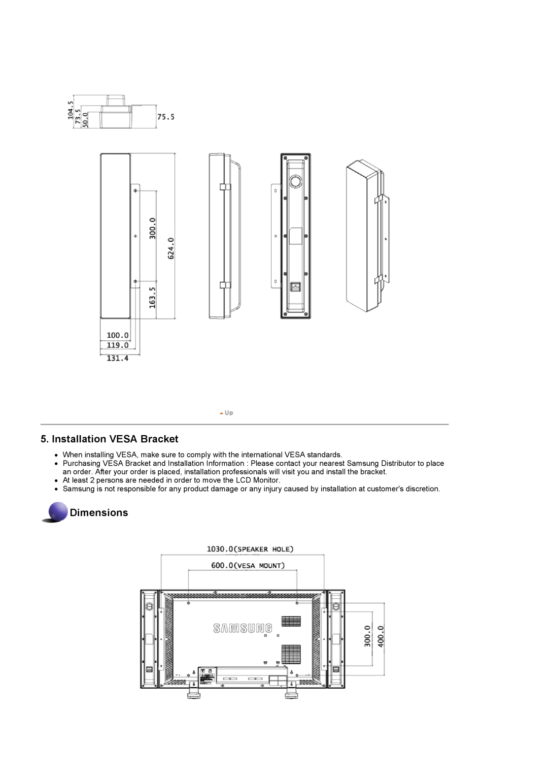 Samsung 460DX, 400DX specifications Installation VESA Bracket, Dimensions 