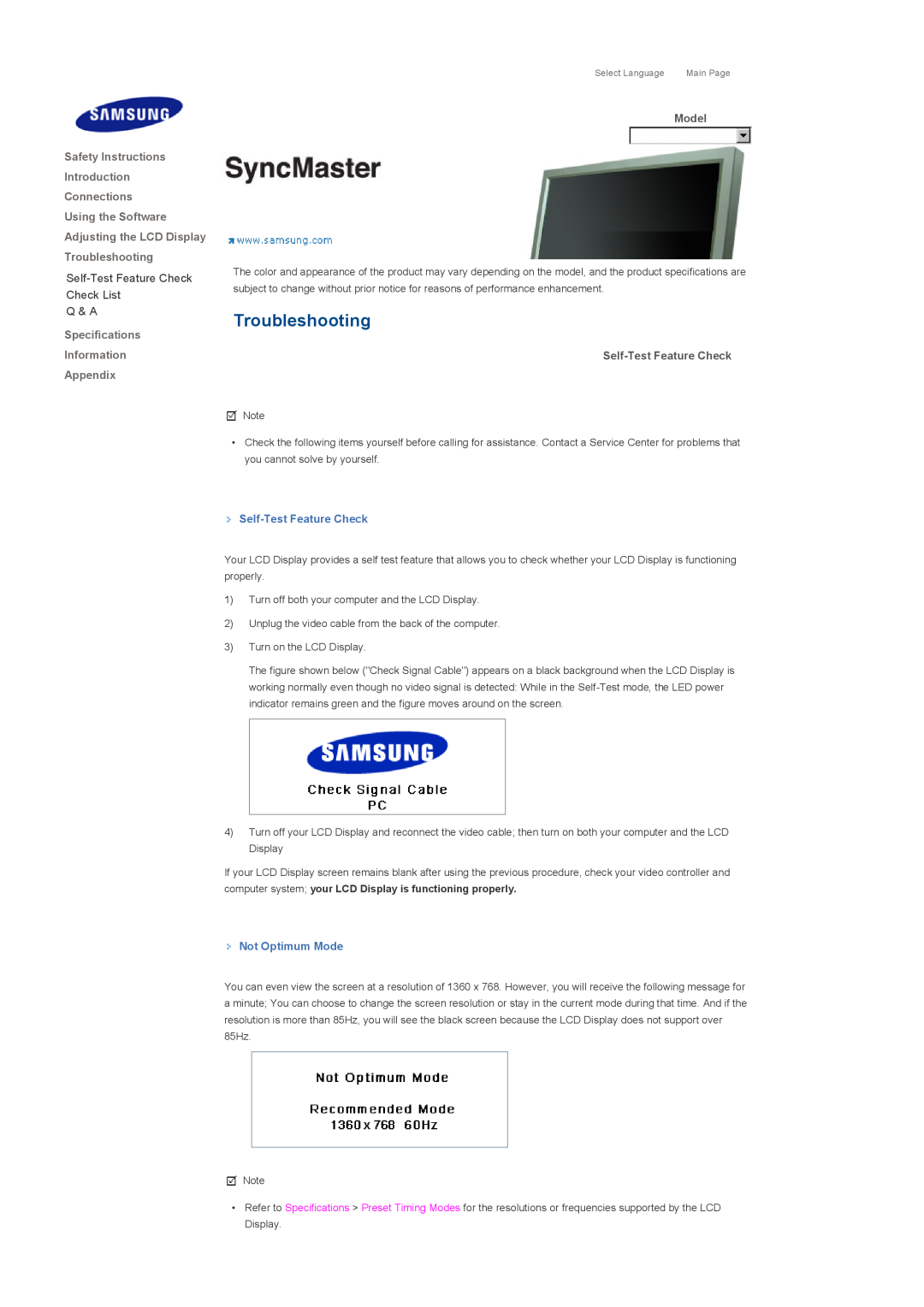 Samsung 460DX Troubleshooting, Safety Instructions Introduction Connections Using the Software, Model, Not Optimum Mode 