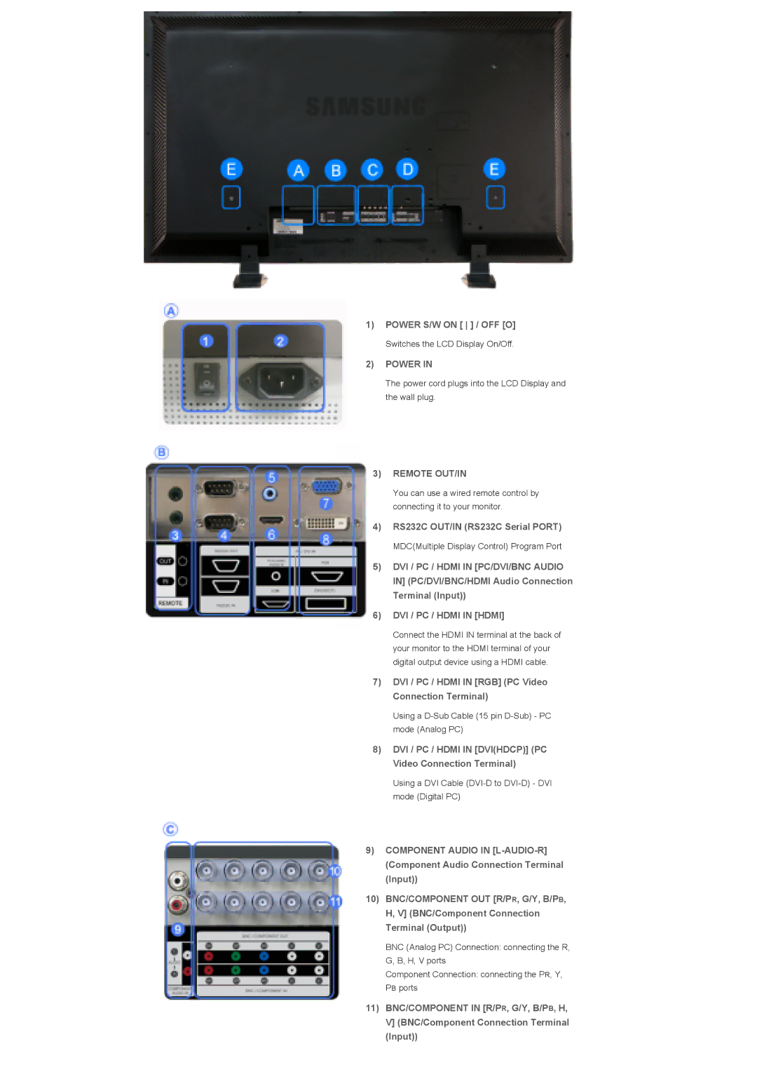 Samsung 400DX Power S/W on / OFF O, RS232C OUT/IN RS232C Serial Port, DVI / PC / Hdmi in RGB PC Video Connection Terminal 