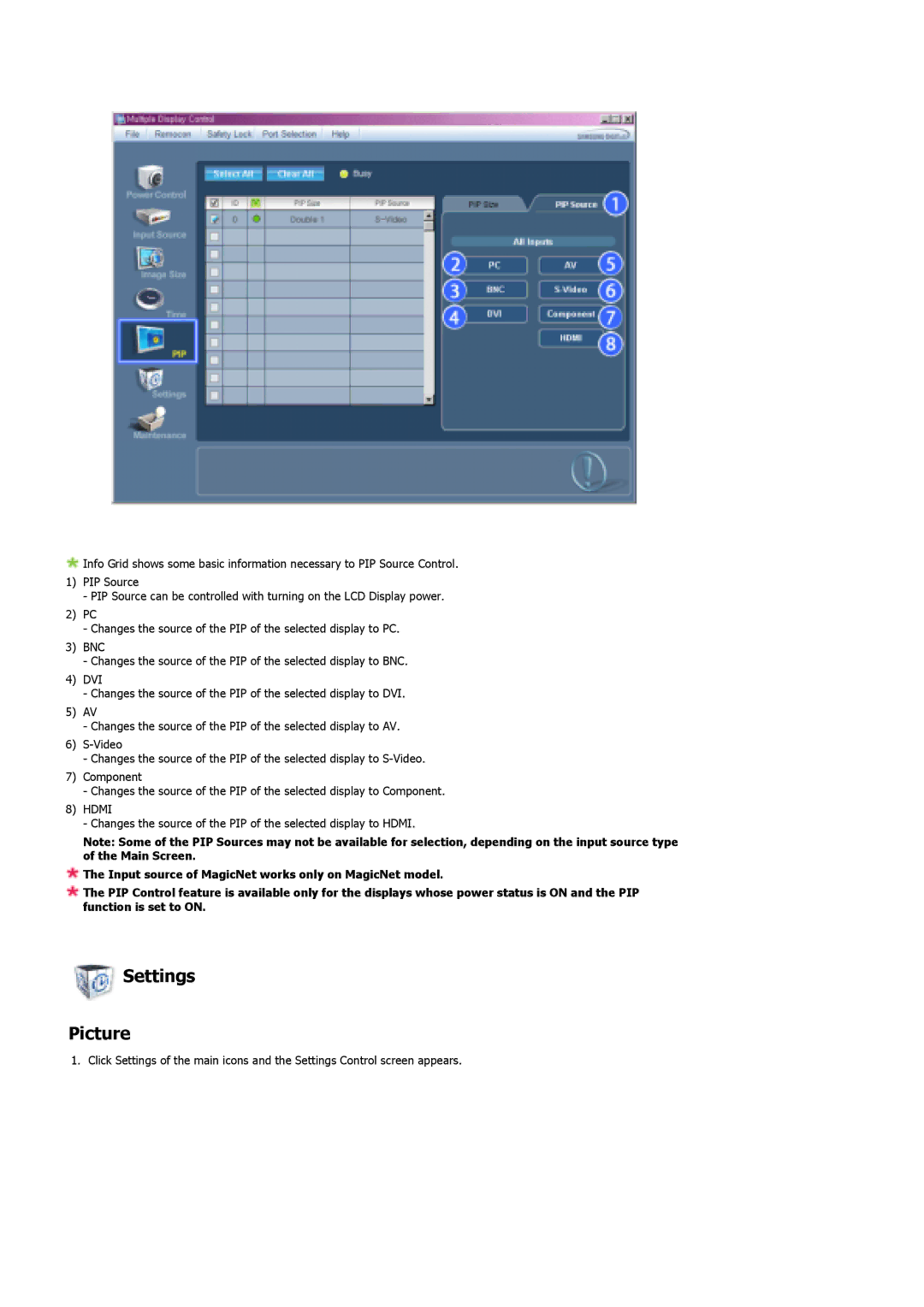 Samsung 400DX specifications Settings Picture 