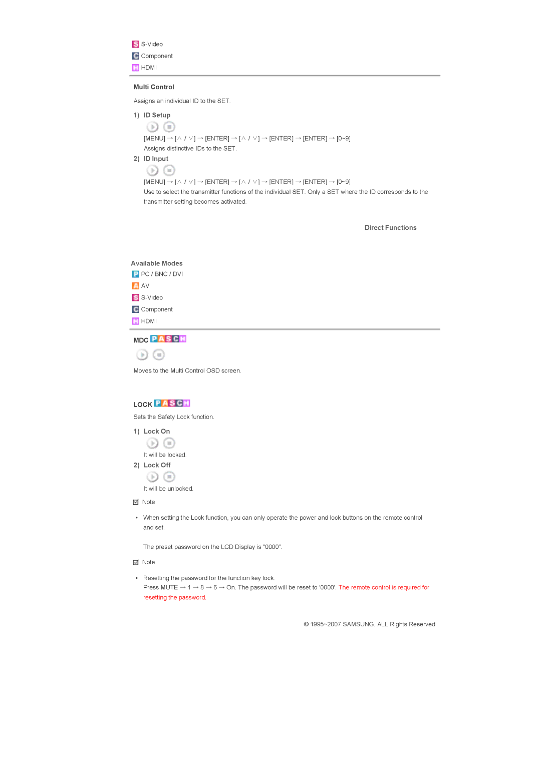 Samsung 400DX specifications ID Setup, ID Input, Direct Functions Available Modes, Lock On, Lock Off 