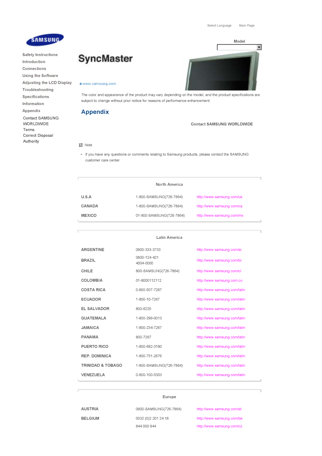 Samsung 400DX specifications Appendix, Contact Samsung Worldwide 