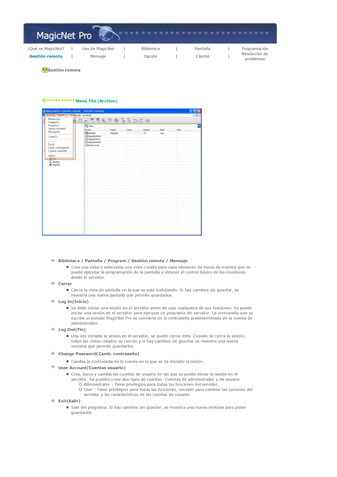 Samsung 460DXN, 400DXn manual Biblioteca / Pantalla / Program / Gestión remota / Mensaje 