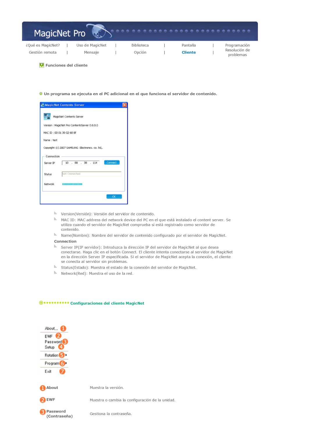 Samsung 400DXn, 460DXN manual Connection, About Muestra la versión, Password Gestiona la contraseña Contraseña 