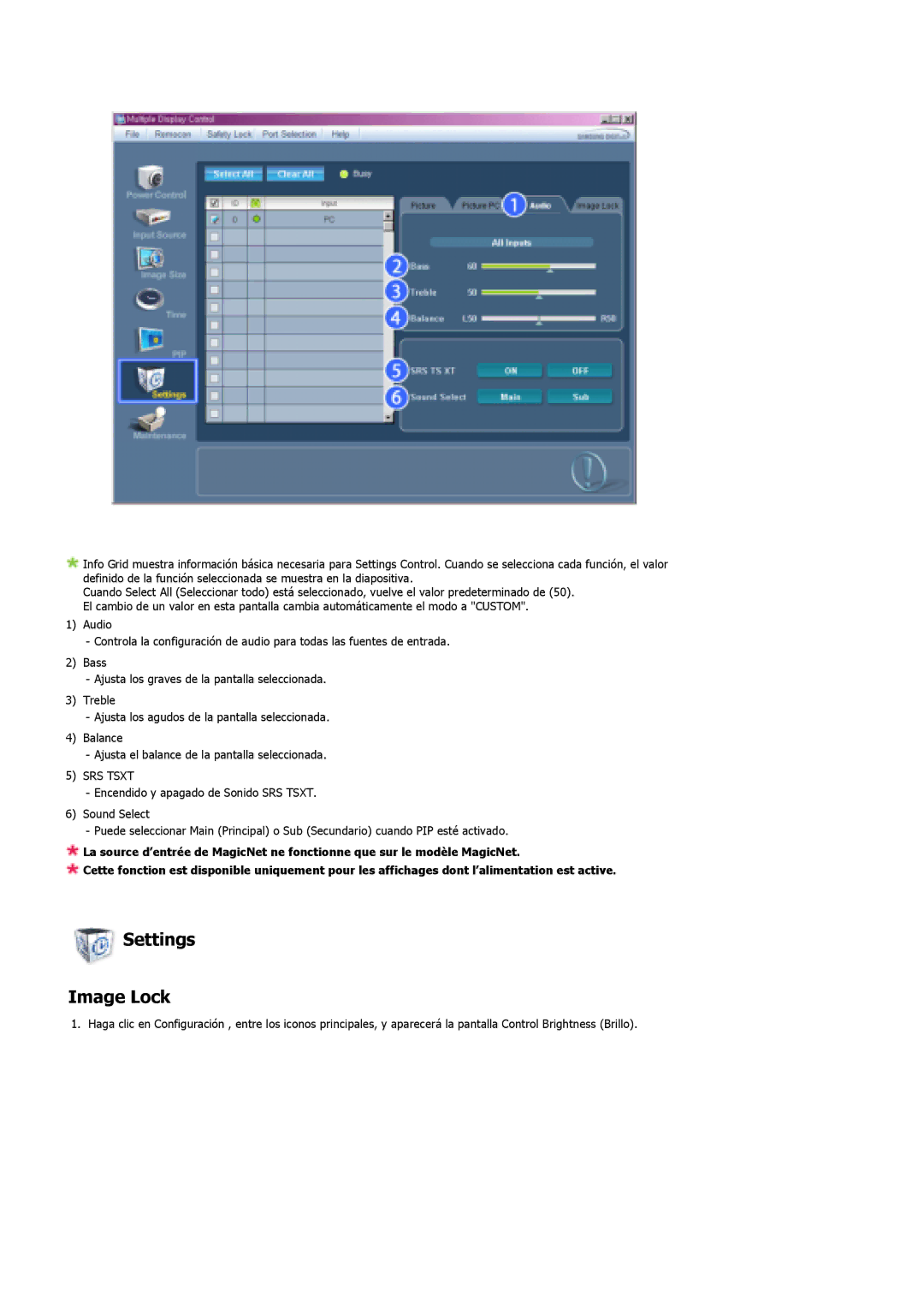 Samsung 400DXn, 460DXN manual Settings Image Lock, SRS Tsxt 