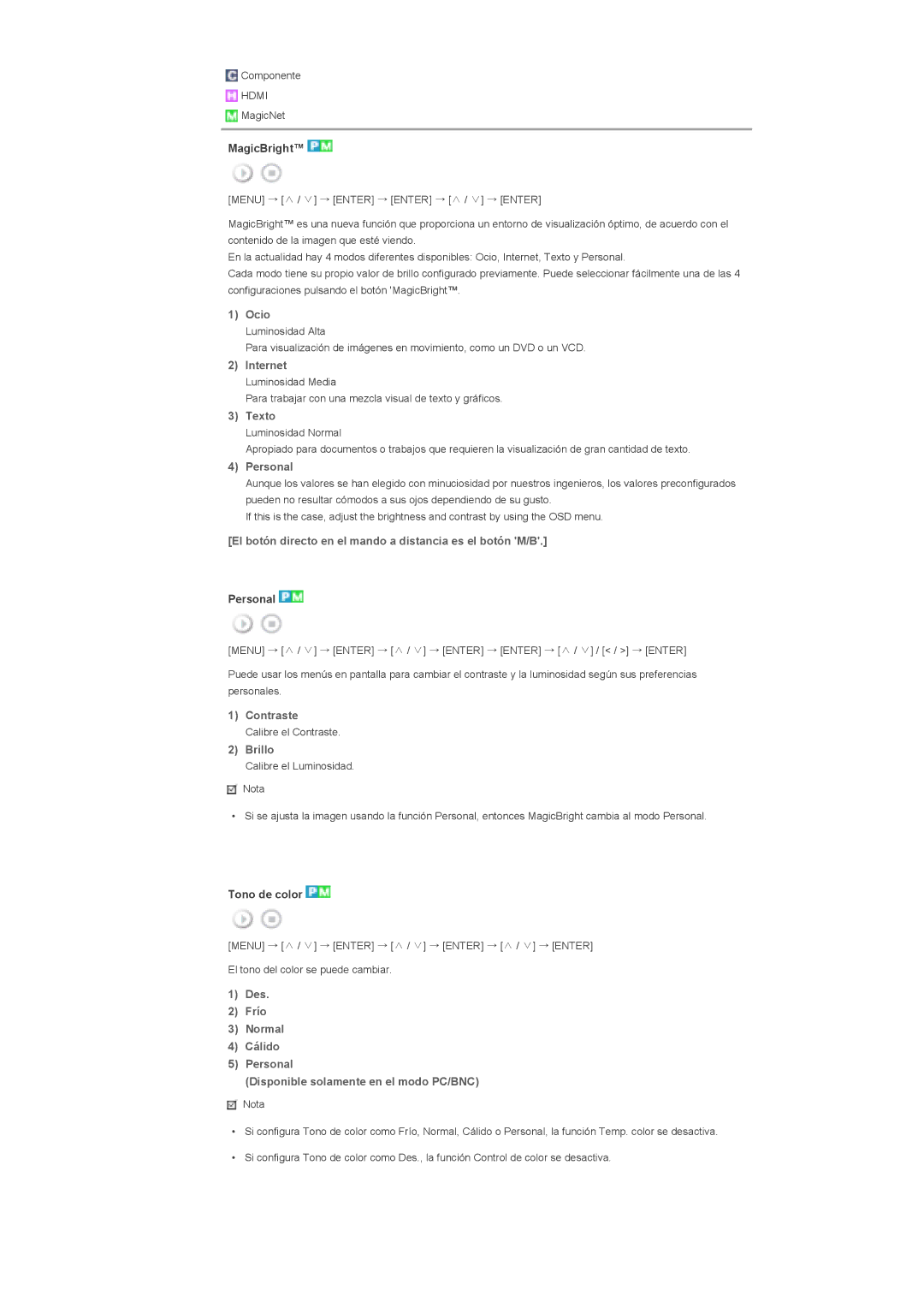 Samsung 400DXn manual Ocio, Internet, Texto, Personal, El botón directo en el mando a distancia es el botón M/B, Contraste 