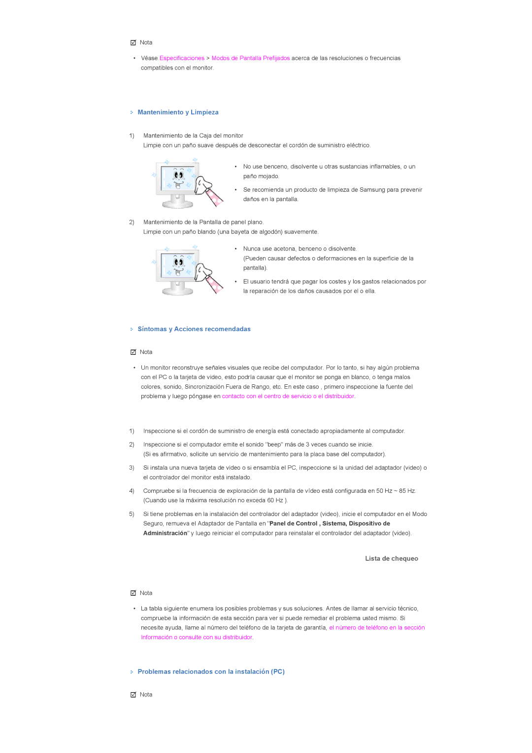 Samsung 460DXN, 400DXn manual Mantenimiento y Limpieza, Síntomas y Acciones recomendadas, Lista de chequeo 