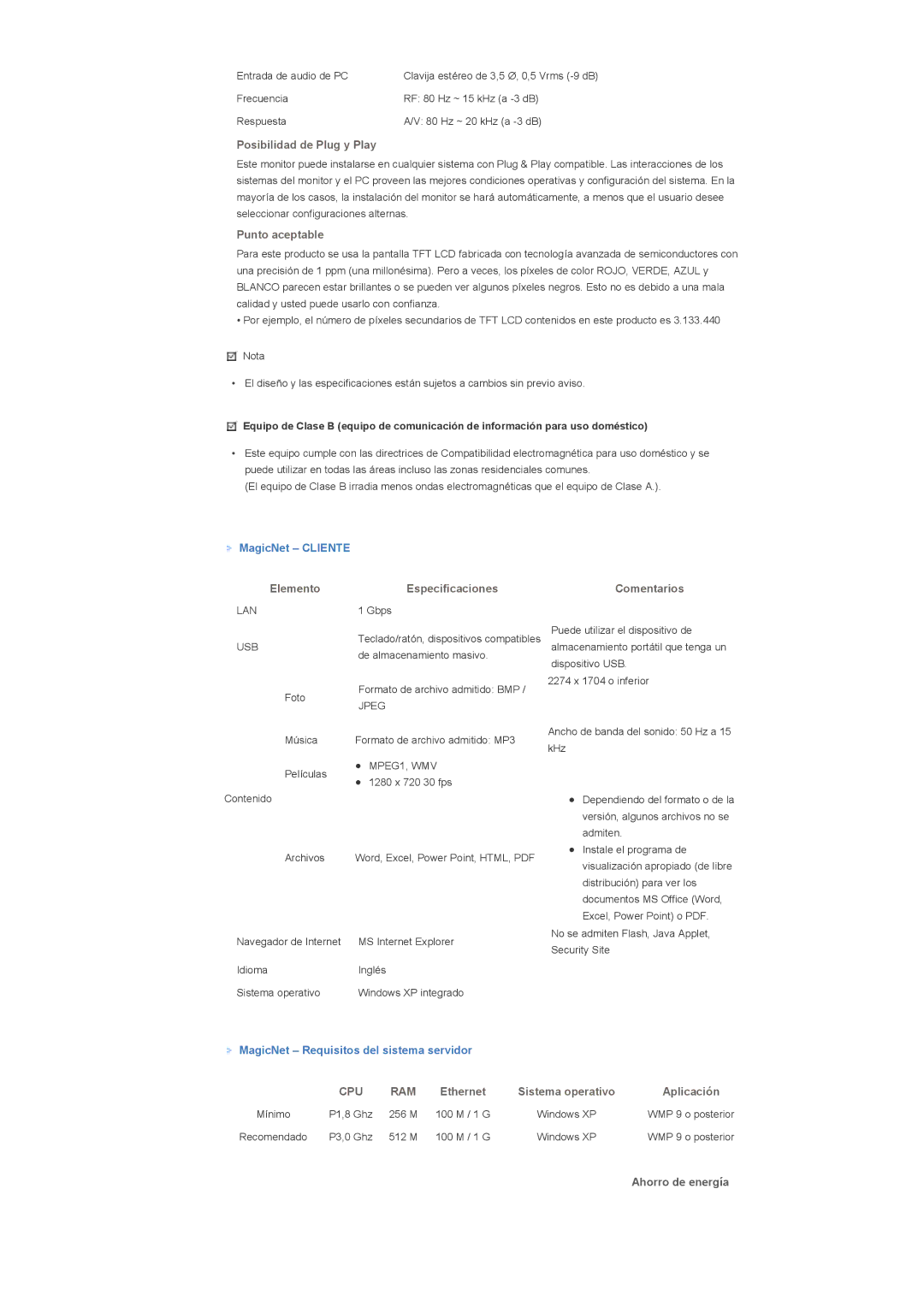 Samsung 400DXn, 460DXN manual MagicNet Requisitos del sistema servidor, Ahorro de energía 