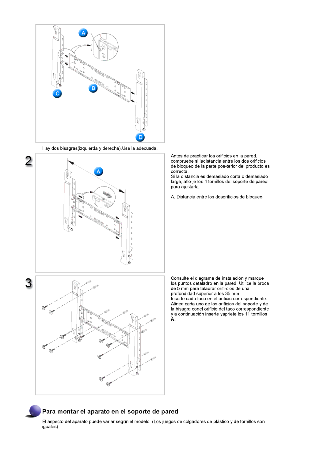 Samsung 400DXn, 460DXN manual Para montar el aparato en el soporte de pared 