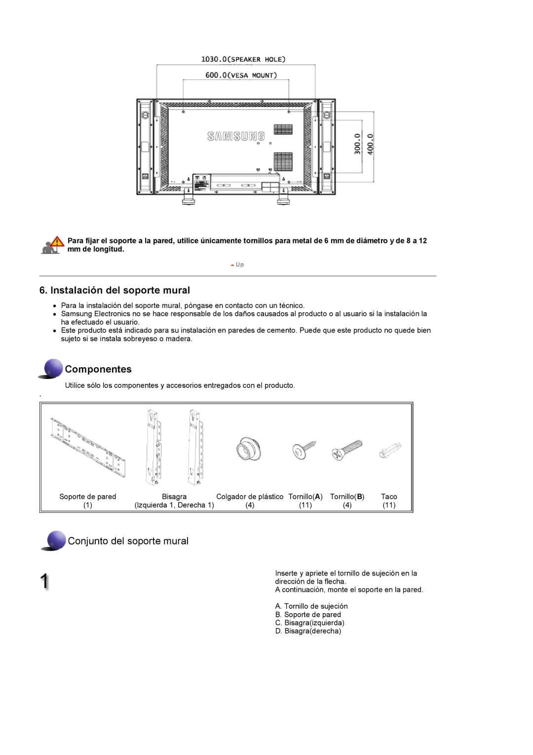 Samsung 460DXN, 400DXn manual Instalación del soporte mural 