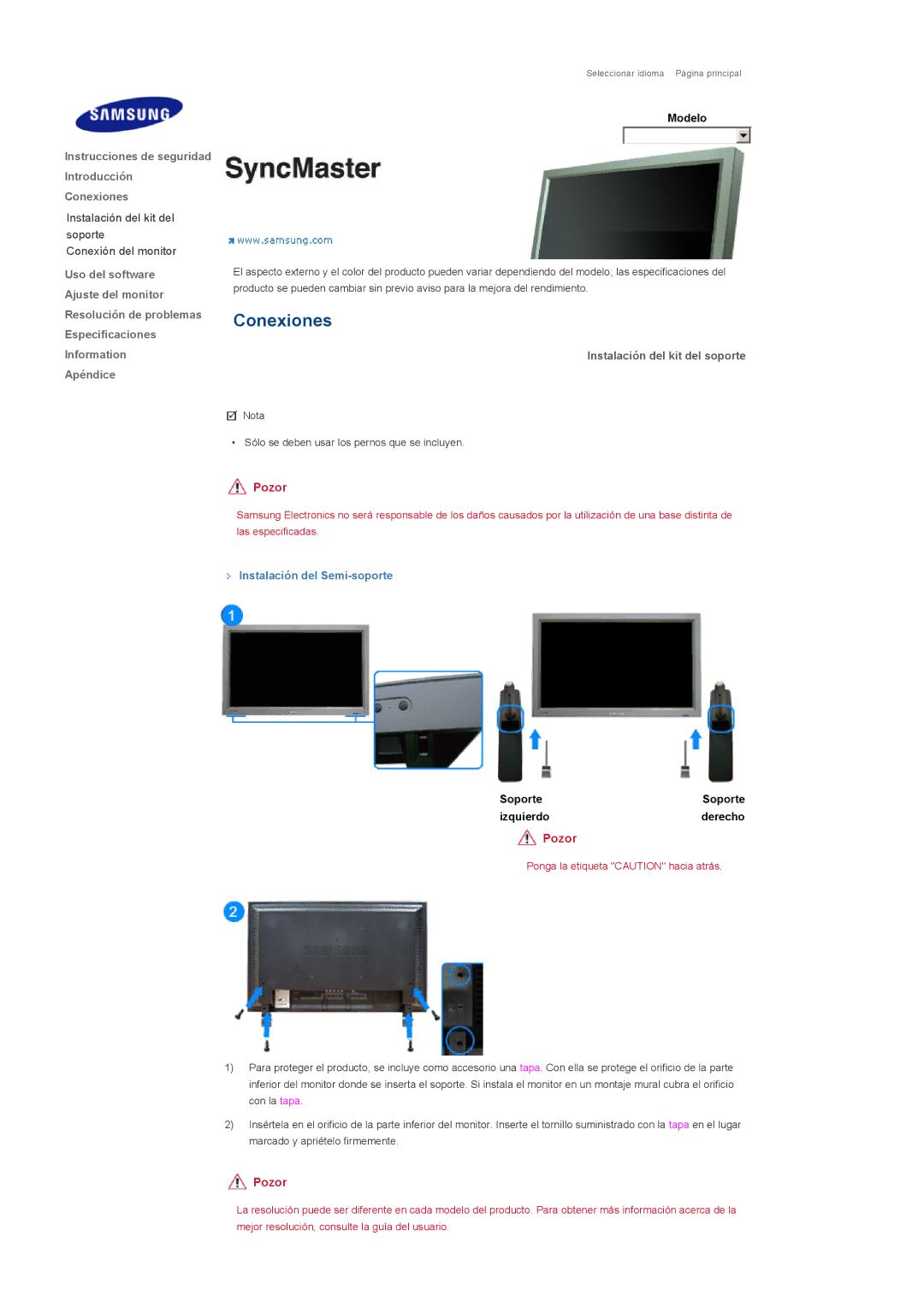 Samsung 460DXN, 400DXn manual Instalación del kit del soporte, Instalación del Semi-soporte 