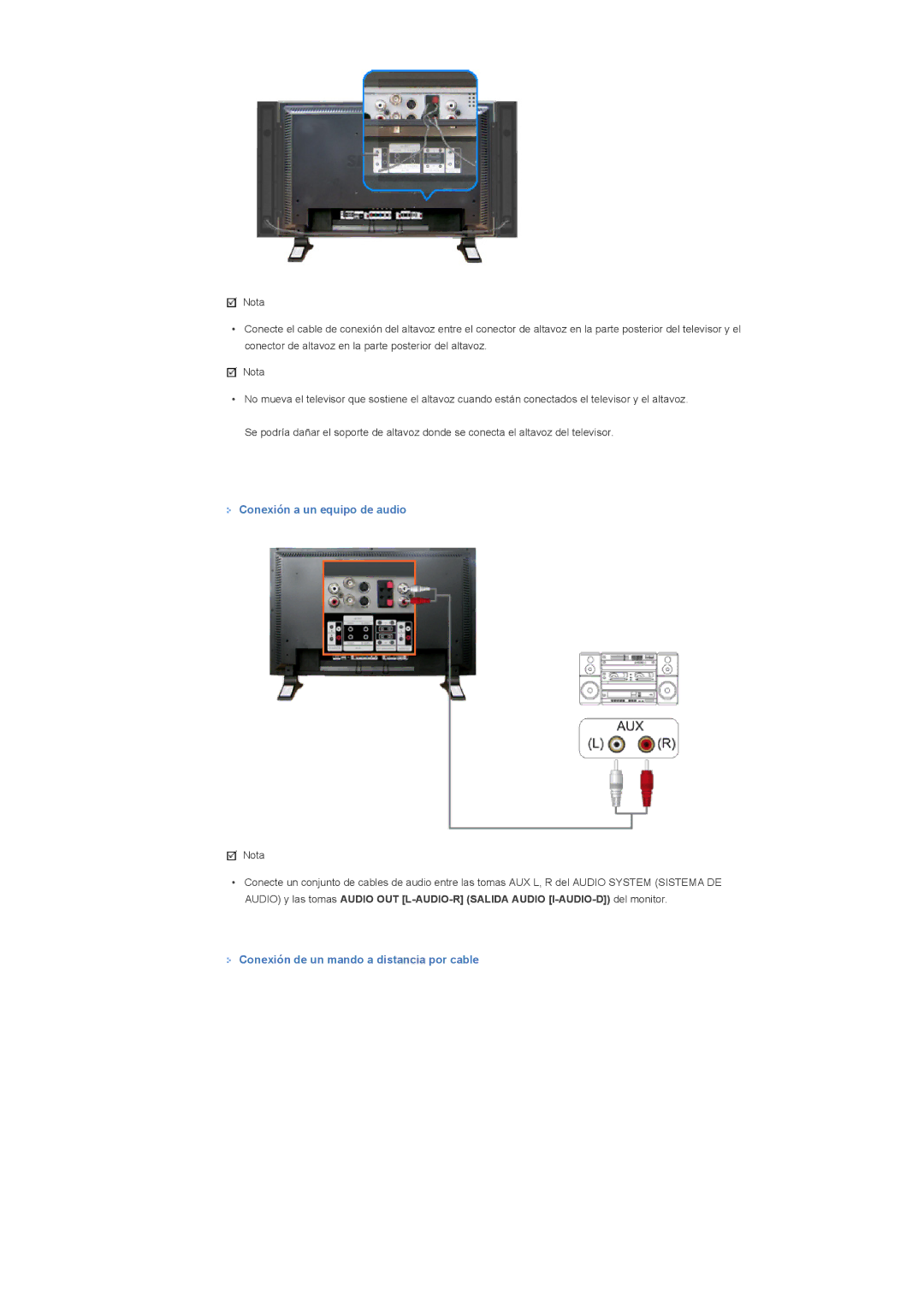 Samsung 400DXn, 460DXN manual Conexión a un equipo de audio, Conexión de un mando a distancia por cable 