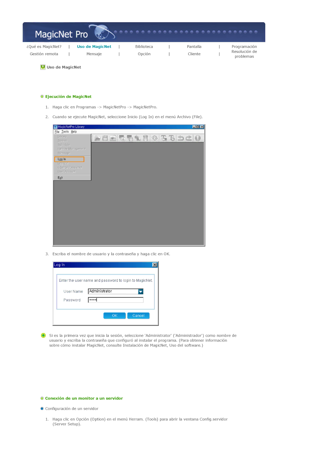 Samsung 400DXn, 460DXN manual Uso de MagicNet, Ejecución de MagicNet, Conexión de un monitor a un servidor 