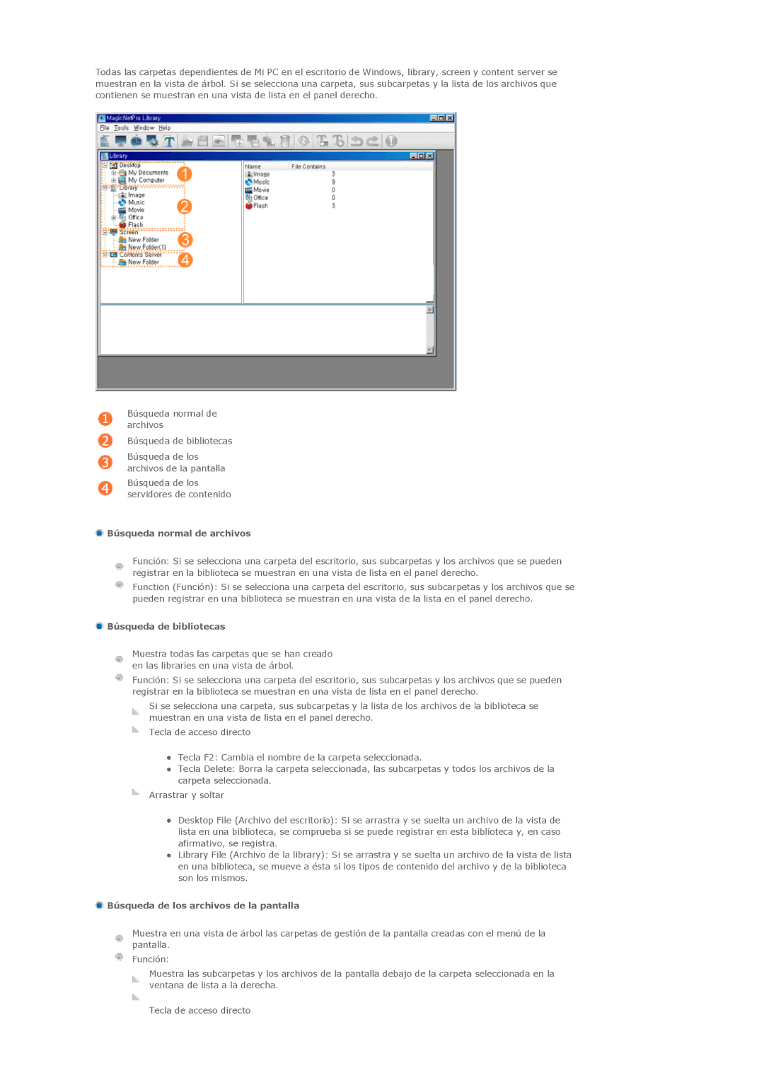 Samsung 400DXn, 460DXN manual Búsqueda normal de archivos, Búsqueda de bibliotecas, Búsqueda de los archivos de la pantalla 