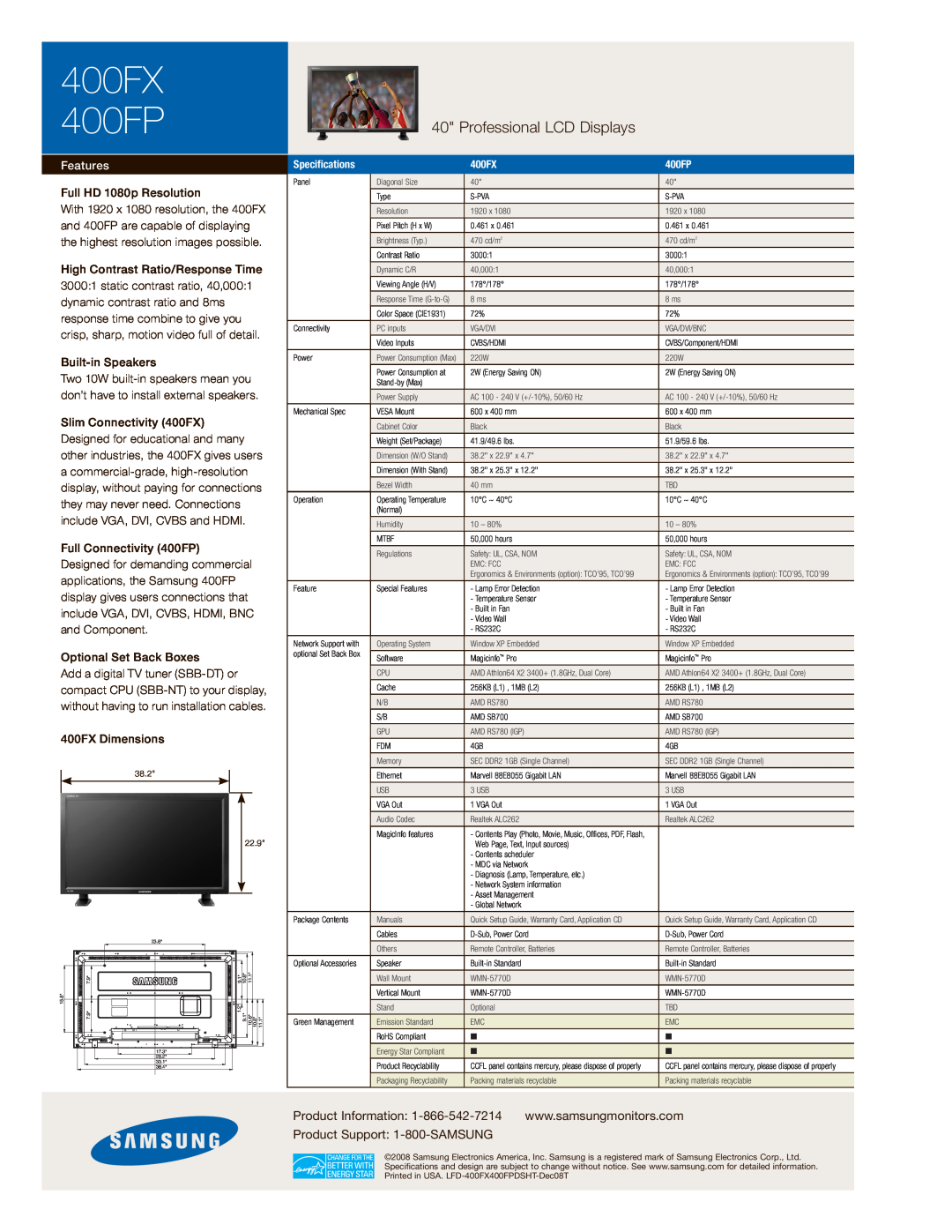 Samsung manual 400FX 400FP, Professional LCD Displays, Product Information, Product Support 1-800-SAMSUNG, Features 
