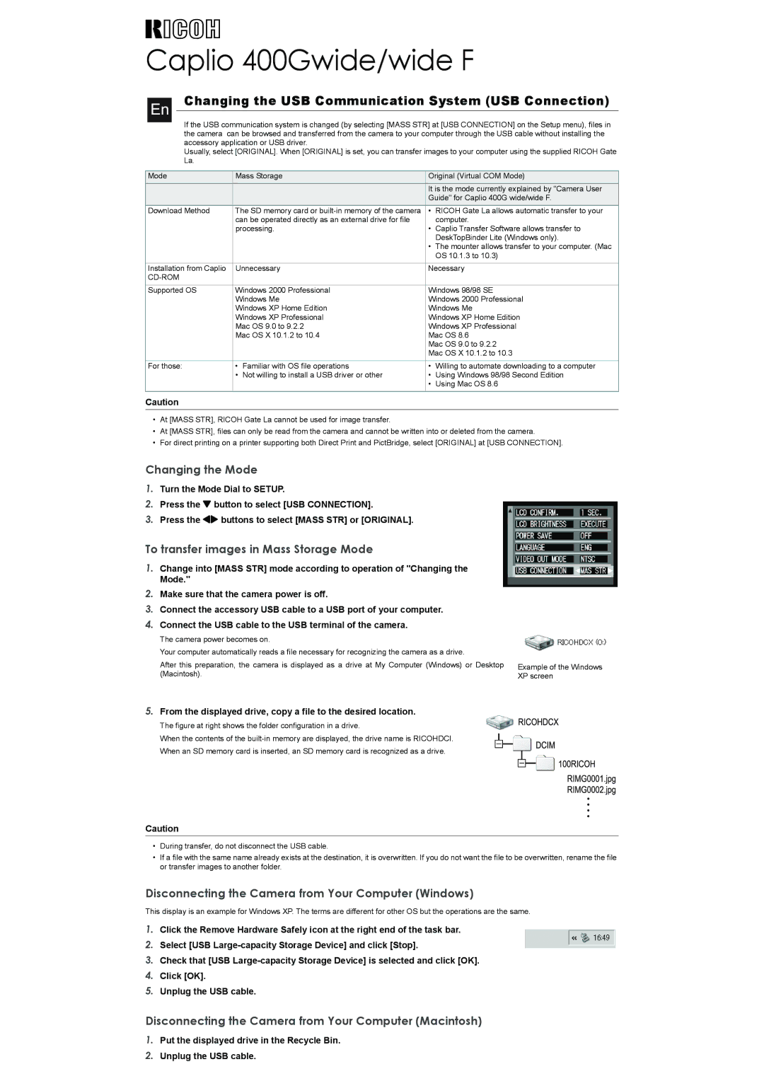 Samsung manual Caplio 400Gwide/wide F, Changing the USB Communication System USB Connection 