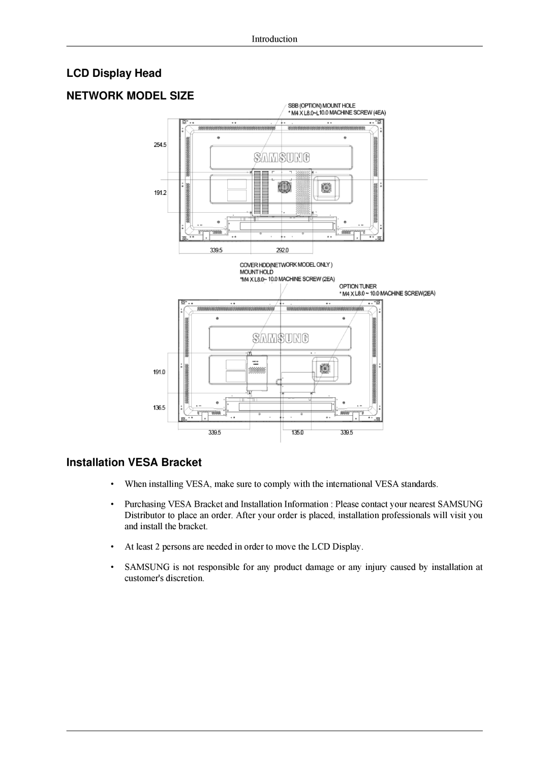 Samsung 460MPX, 400MPX quick start LCD Display Head, Installation Vesa Bracket 