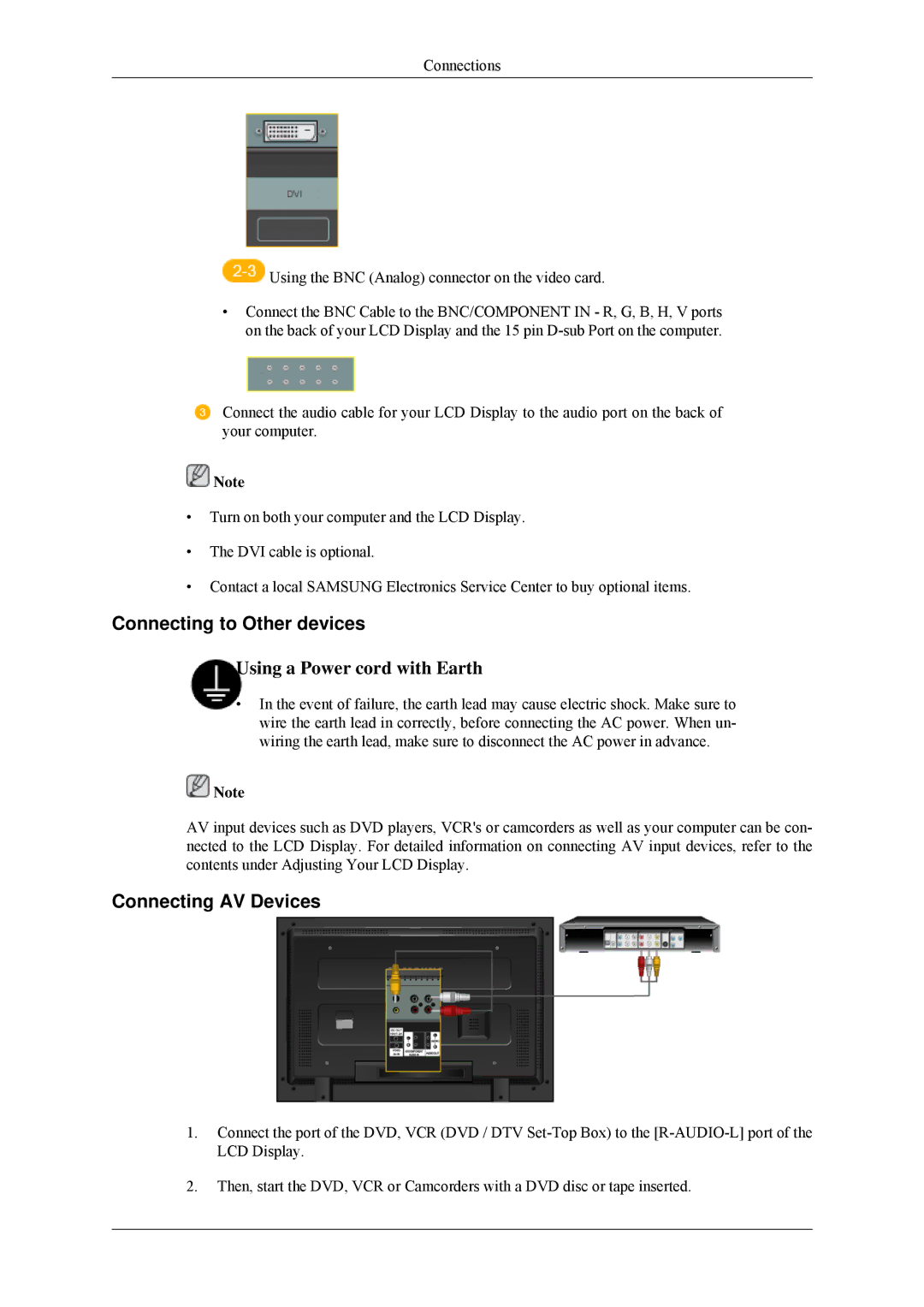 Samsung 400MPX, 460MPX quick start Connecting to Other devices, Connecting AV Devices 