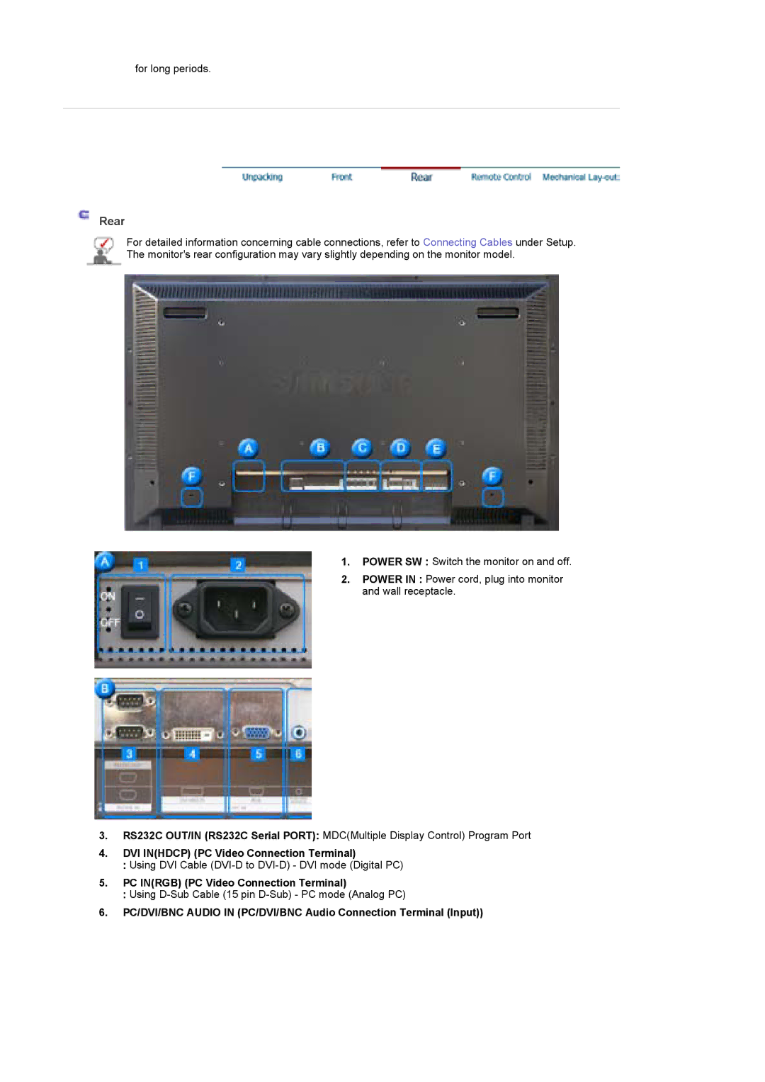 Samsung 400Pn, 400P manual DVI Inhdcp PC Video Connection Terminal, PC Inrgb PC Video Connection Terminal 