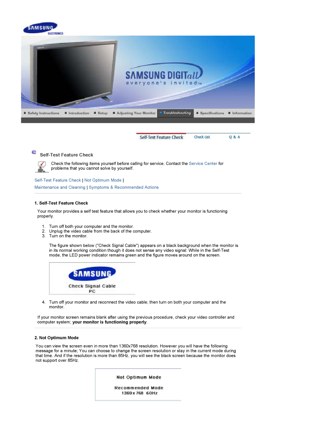 Samsung 400Pn, 400P manual Self-Test Feature Check, Not Optimum Mode 