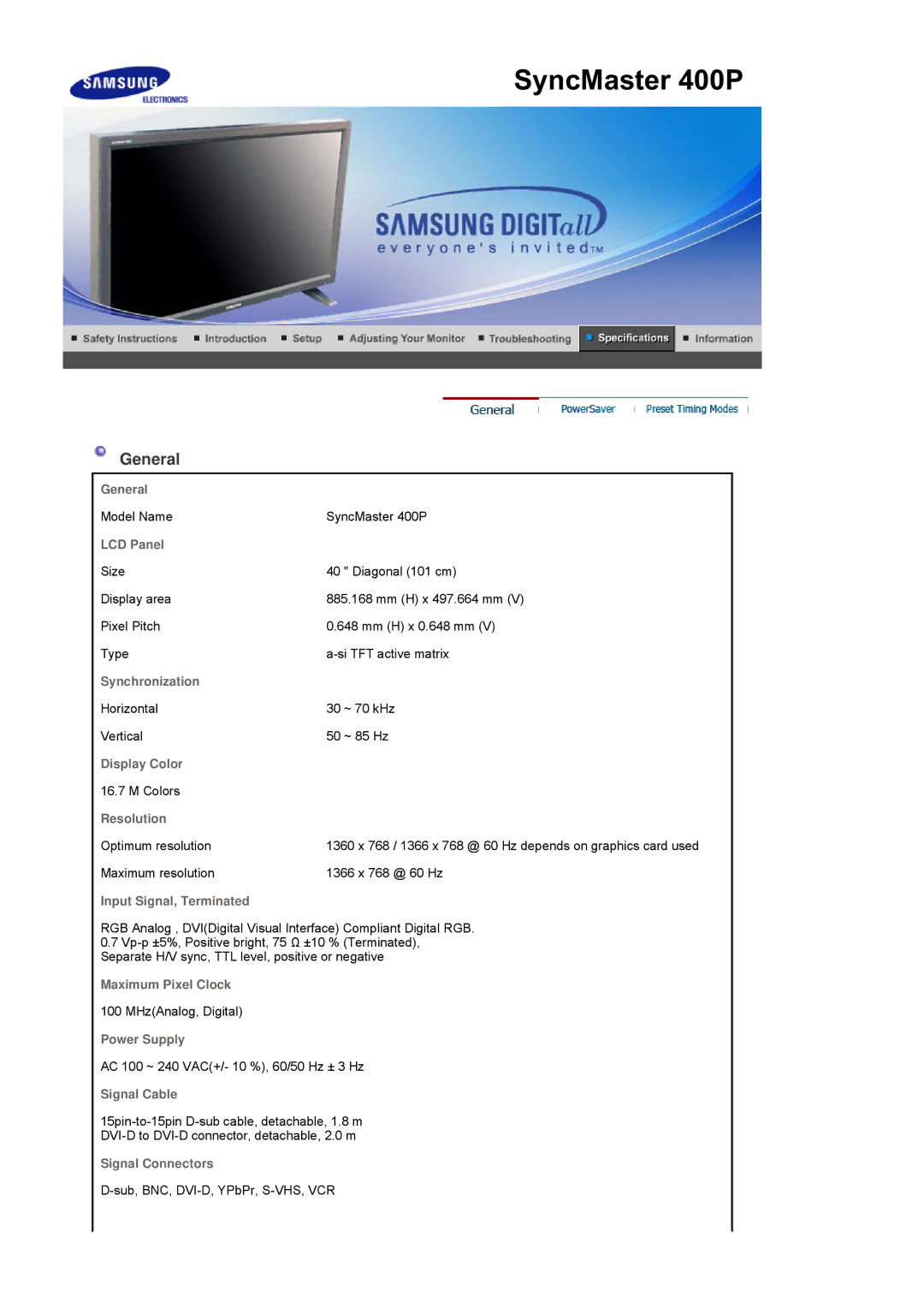 Samsung 400Pn, 400P manual Model Name SyncMaster 400P 