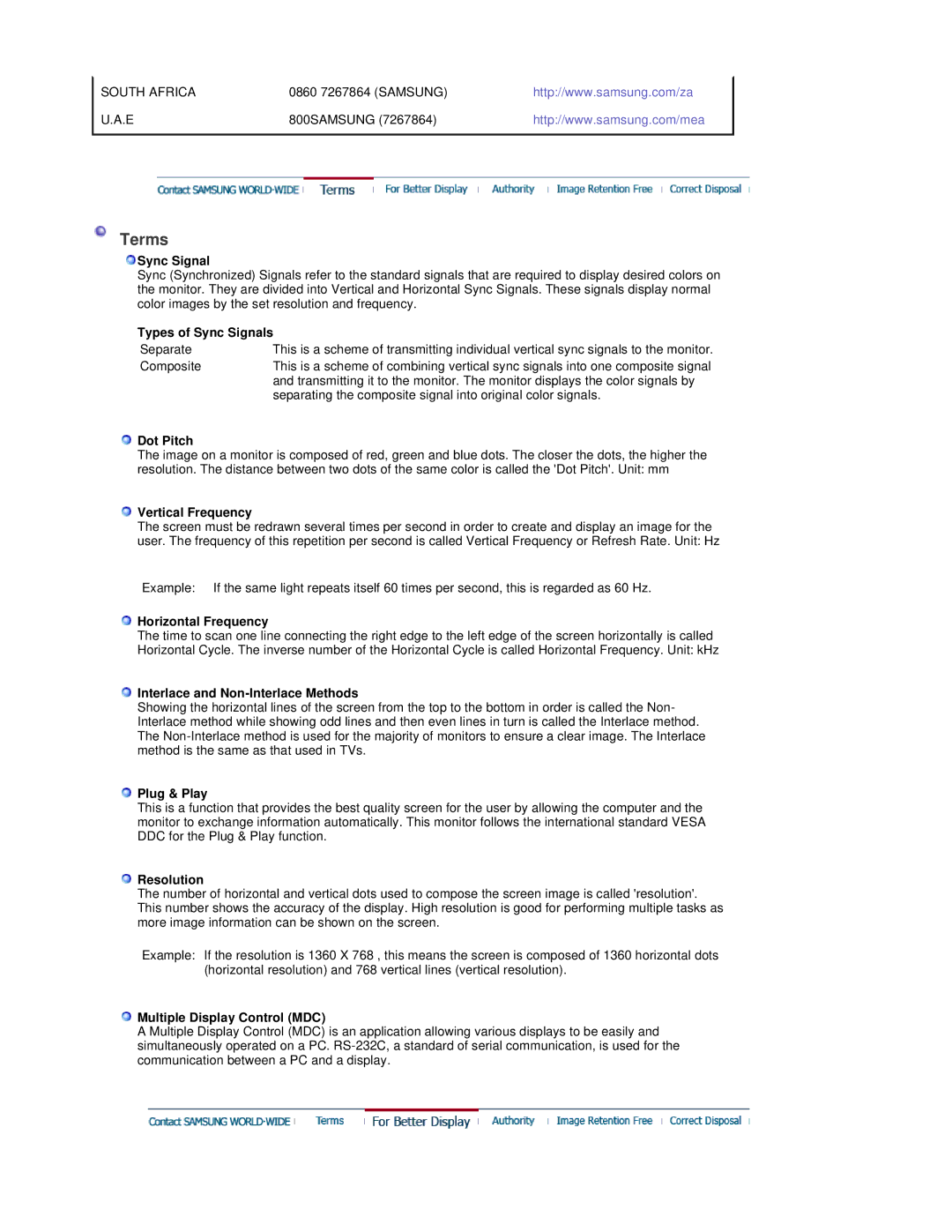 Samsung 400P manual Types of Sync Signals, Dot Pitch, Vertical Frequency, Horizontal Frequency, Plug & Play, Resolution 