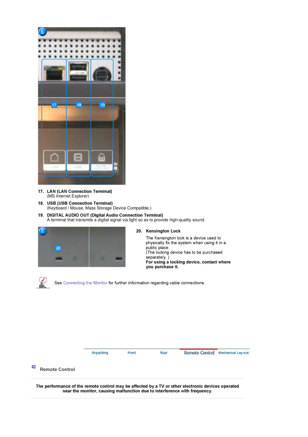 Samsung 400Pn, 400P manual Digital Audio OUT Digital Audio Connection Terminal, Kensington Lock 