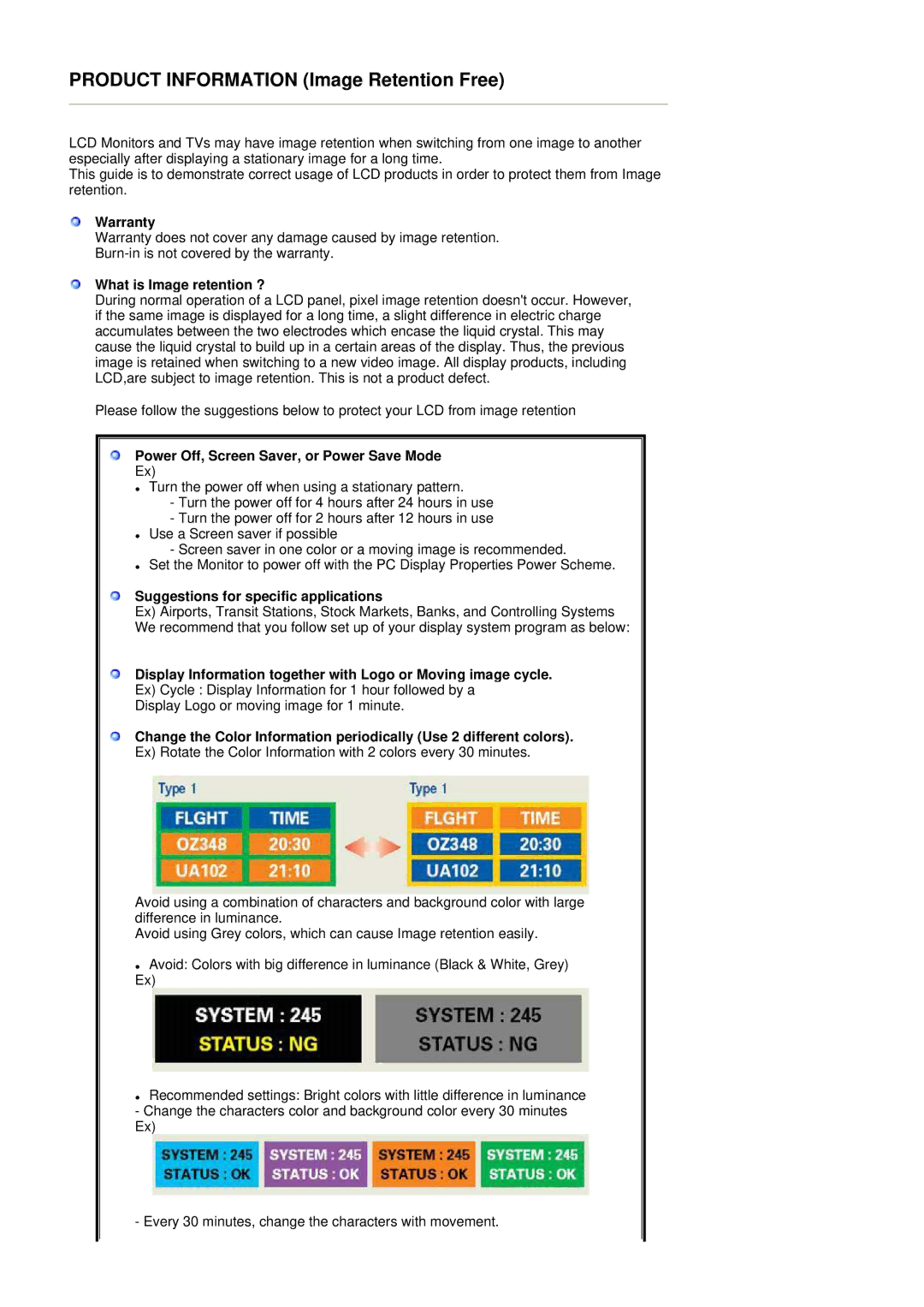 Samsung 400Pn, 400P manual Product Information Image Retention Free 