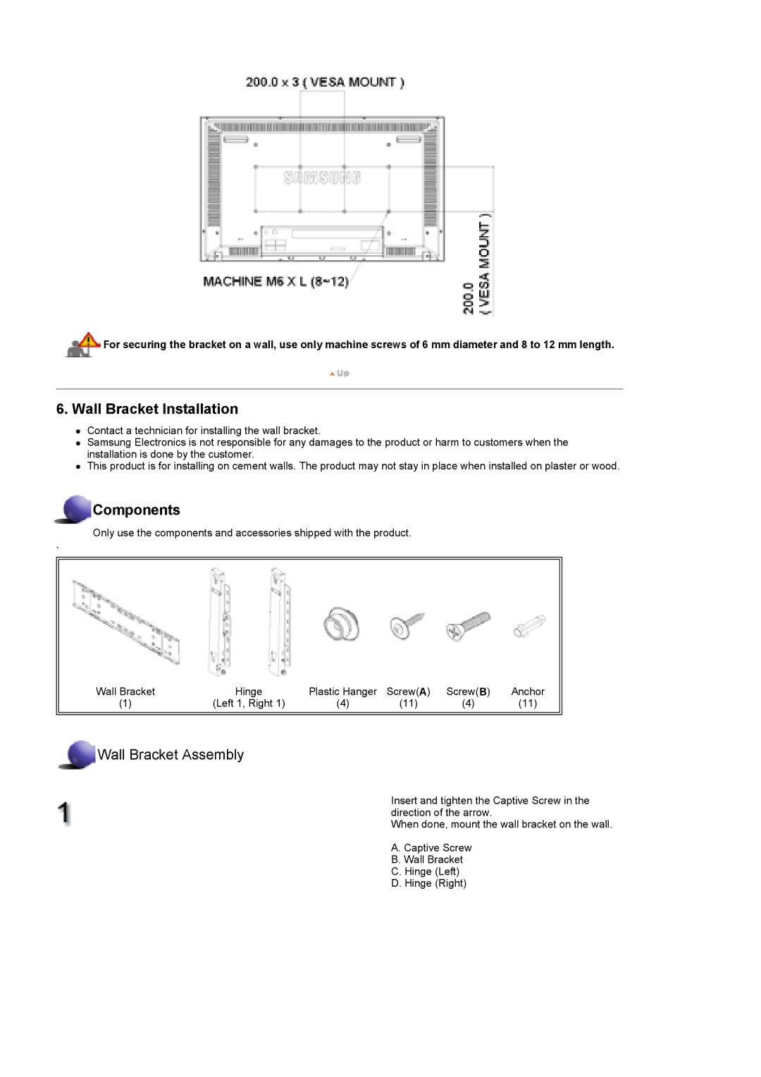 Samsung 400Pn, 400P manual Wall Bracket Installation 