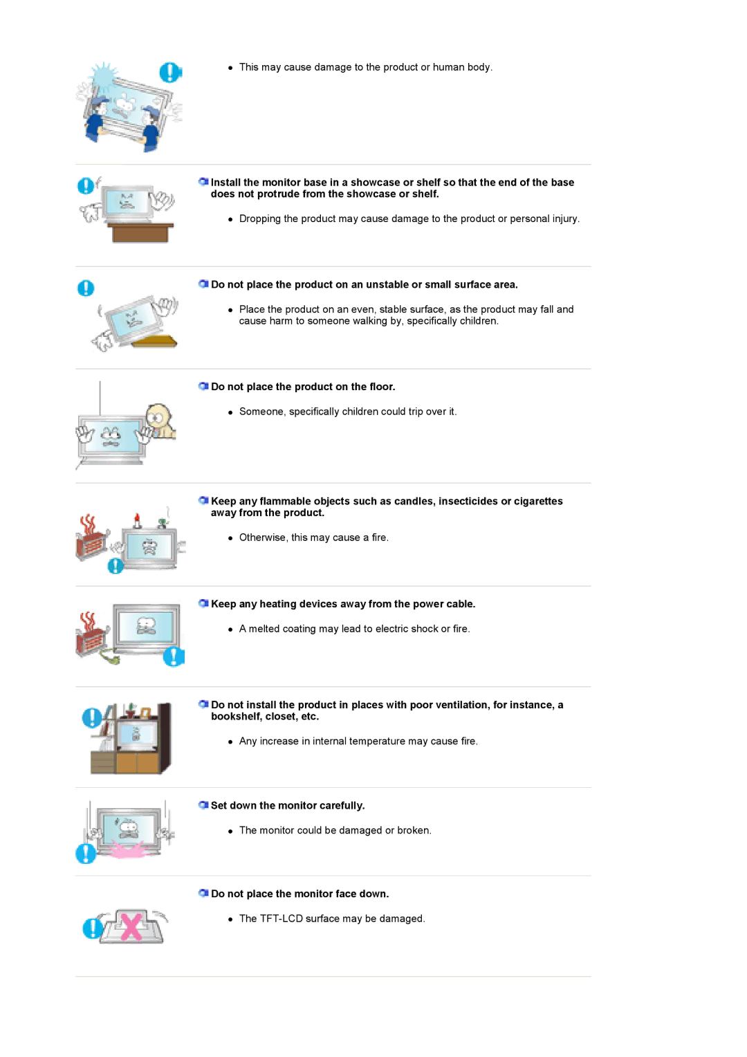 Samsung 400Pn, 400P manual Do not place the product on the floor, Keep any heating devices away from the power cable 