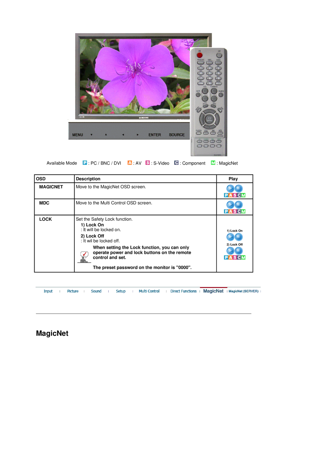 Samsung 400Pn, 400P Move to the MagicNet OSD screen, Move to the Multi Control OSD screen, Set the Safety Lock function 