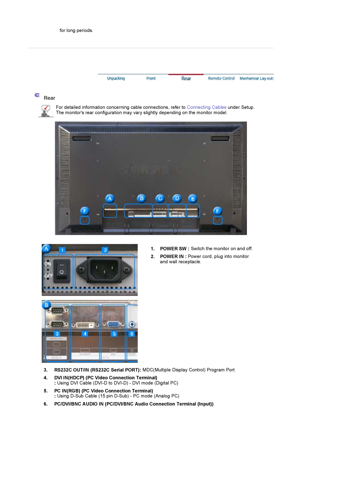 Samsung 400Pn, 400P manual Rear, DVI INHDCP PC Video Connection Terminal, PC INRGB PC Video Connection Terminal 