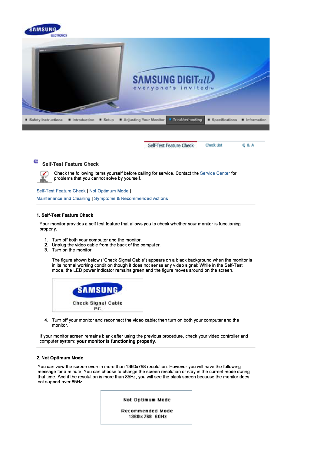Samsung 400Pn, 400P manual Self-Test Feature Check, Not Optimum Mode 