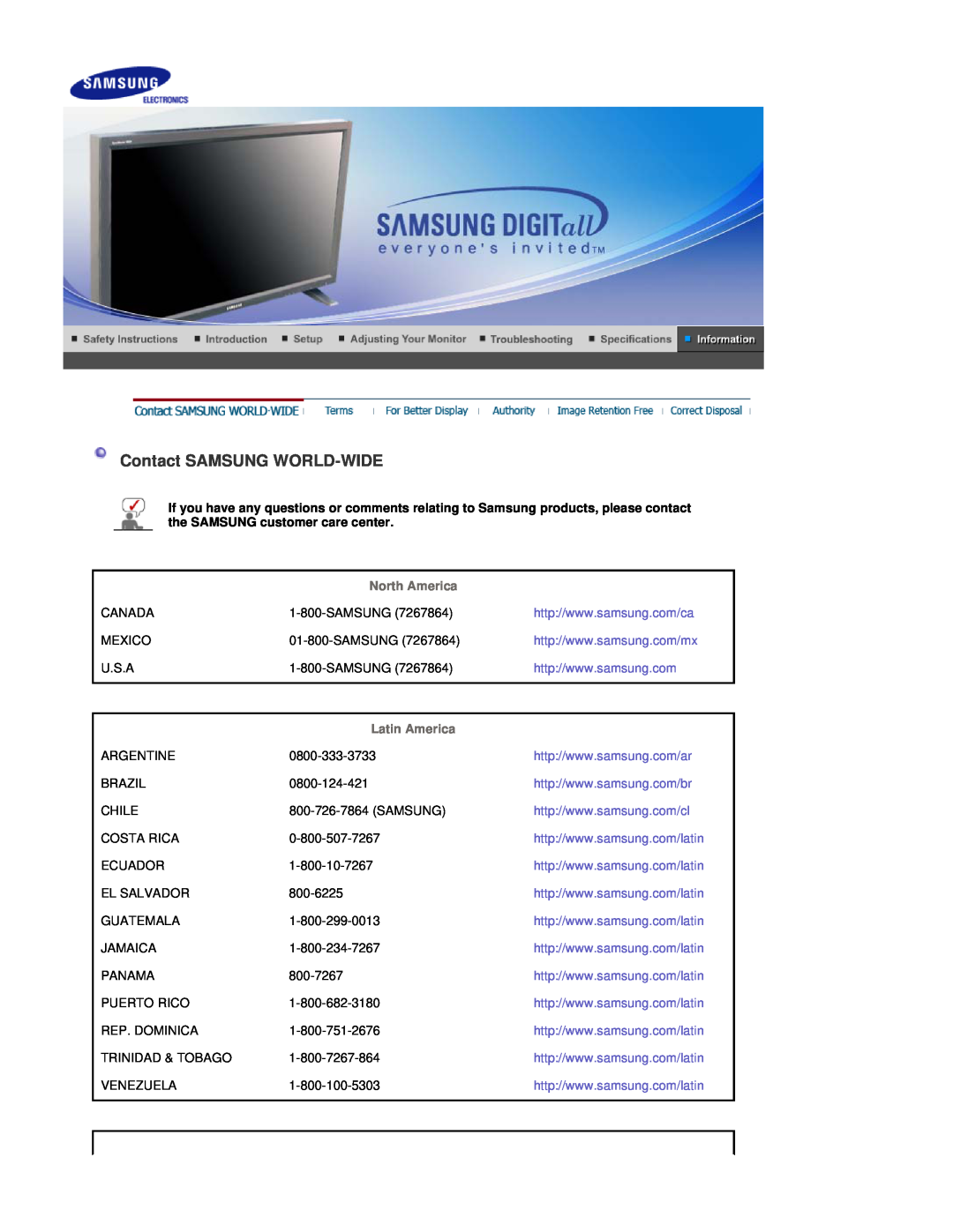 Samsung 400Pn, 400P manual Contact SAMSUNG WORLD-WIDE, North America, Latin America 