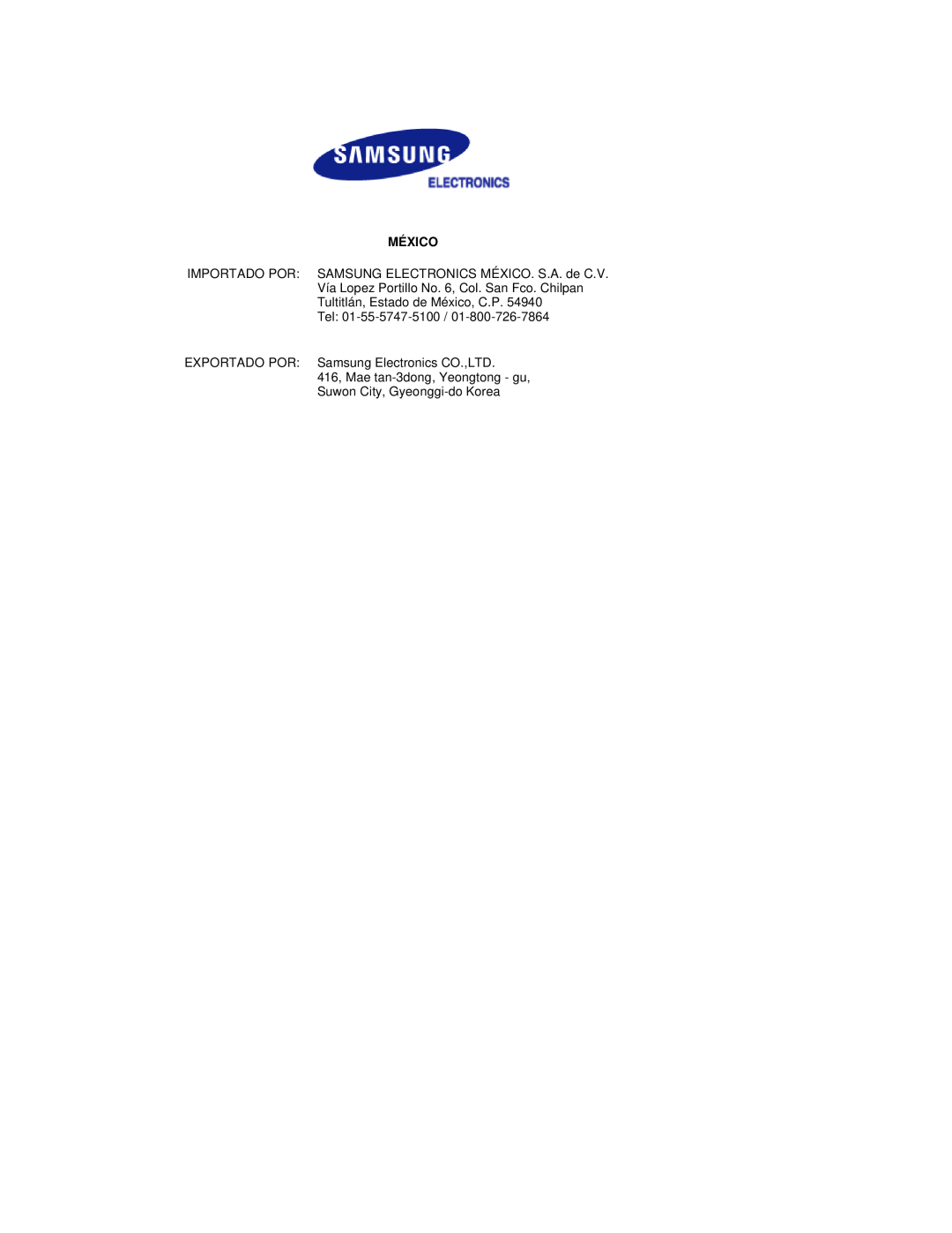 Samsung 400Pn, 400P manual México, Tel 01-55-5747-5100, 416, Mae tan-3dong, Yeongtong - gu Suwon City, Gyeonggi-do Korea 