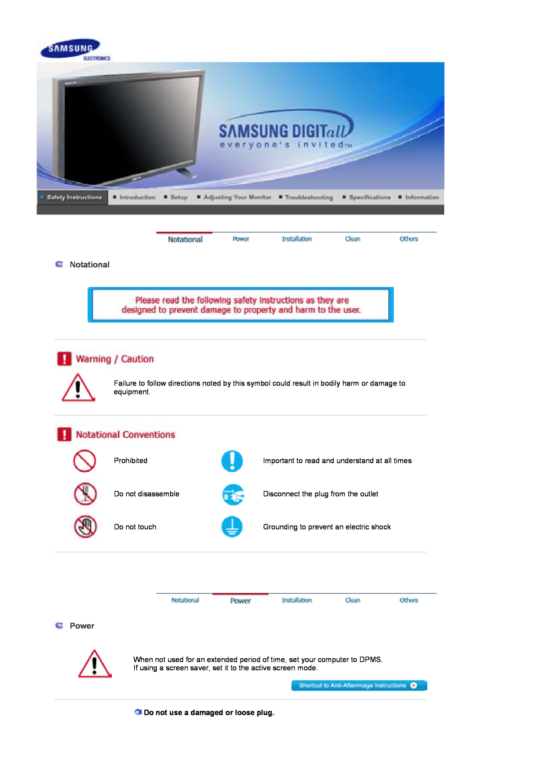 Samsung 400Pn, 400P manual Notational, Power, Do not use a damaged or loose plug 