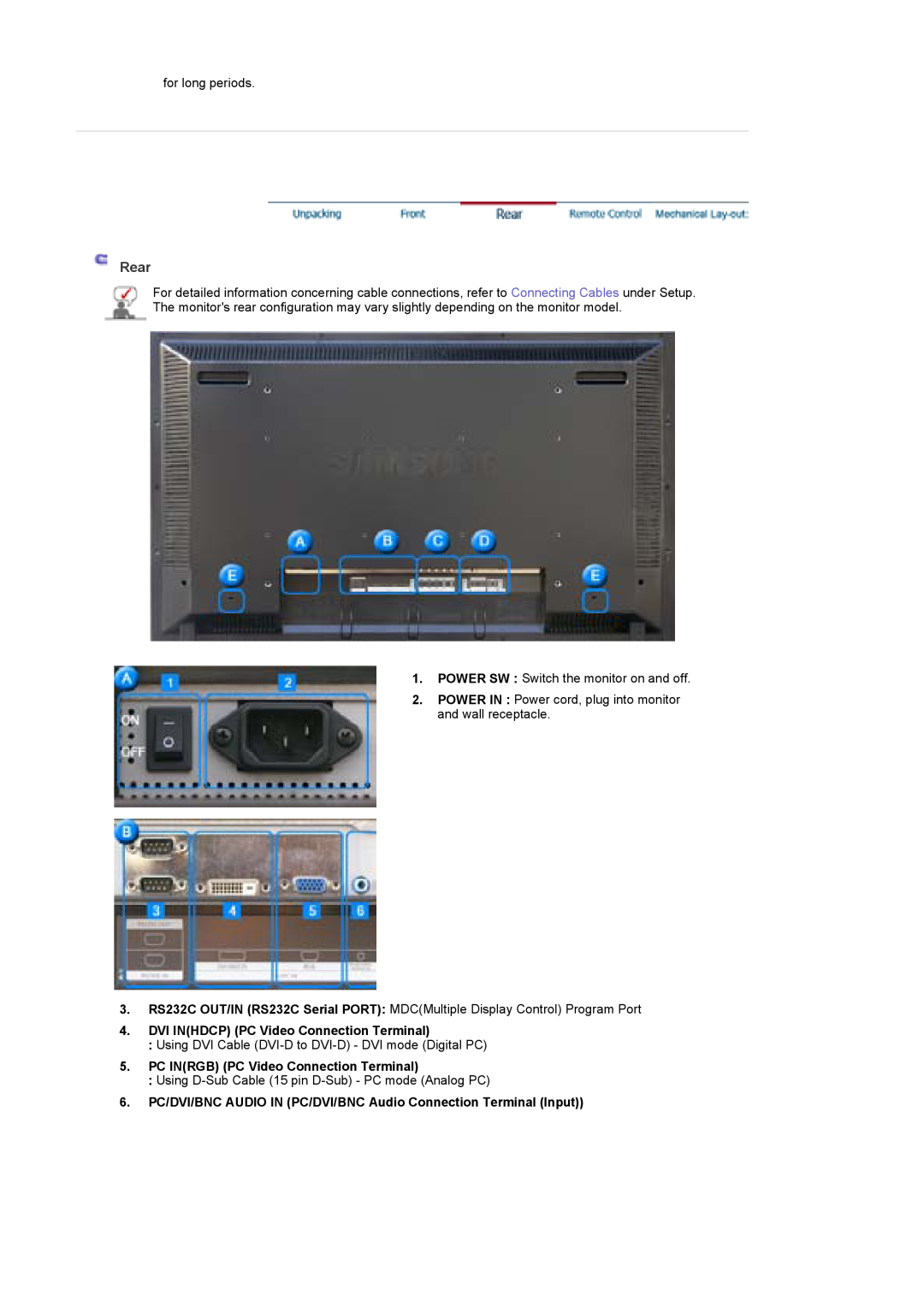 Samsung 400Pn, 400P manual Rear, DVI INHDCP PC Video Connection Terminal, PC INRGB PC Video Connection Terminal 