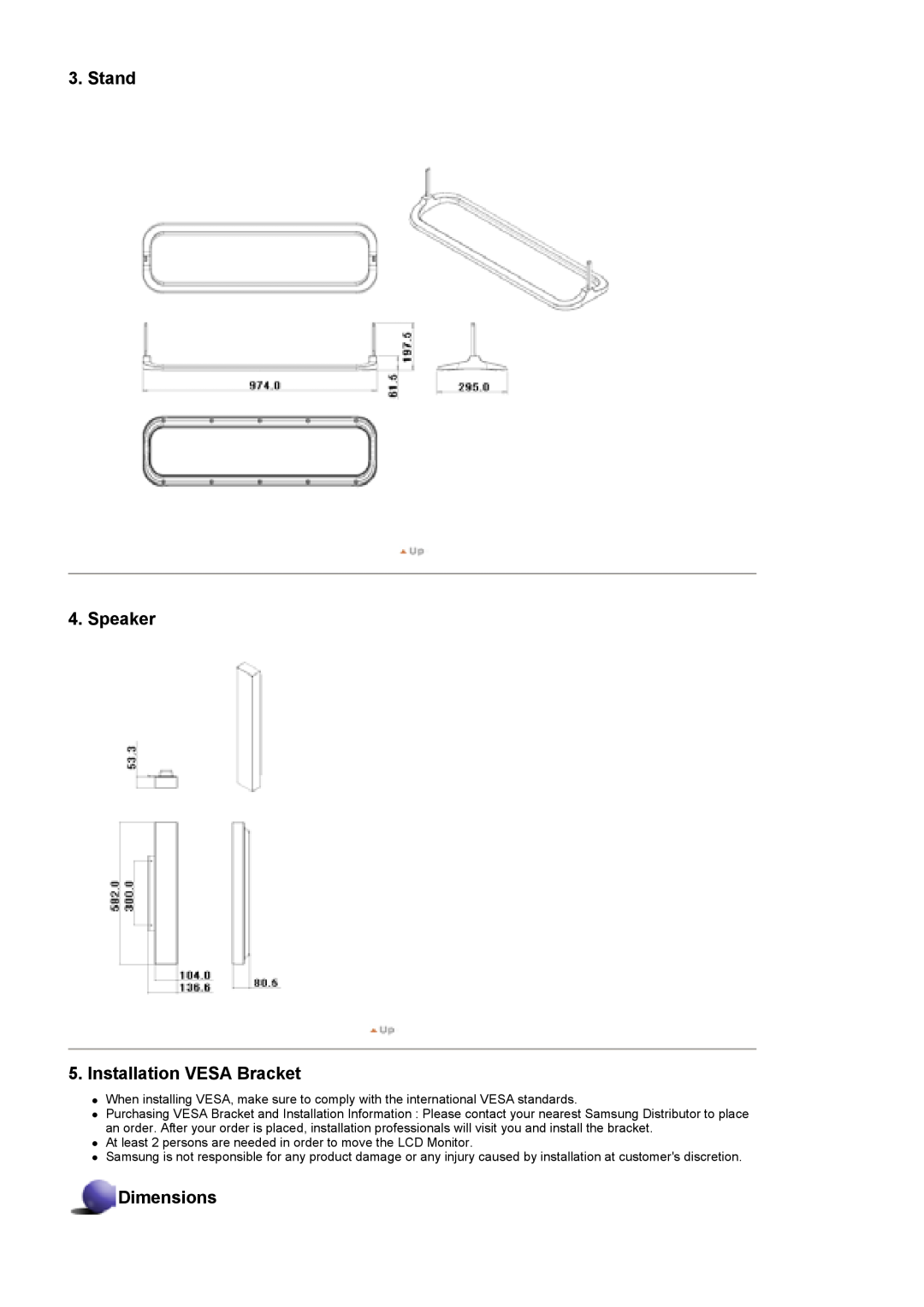 Samsung 400Pn, 400P manual Stand 4. Speaker 5. Installation VESA Bracket, Dimensions 