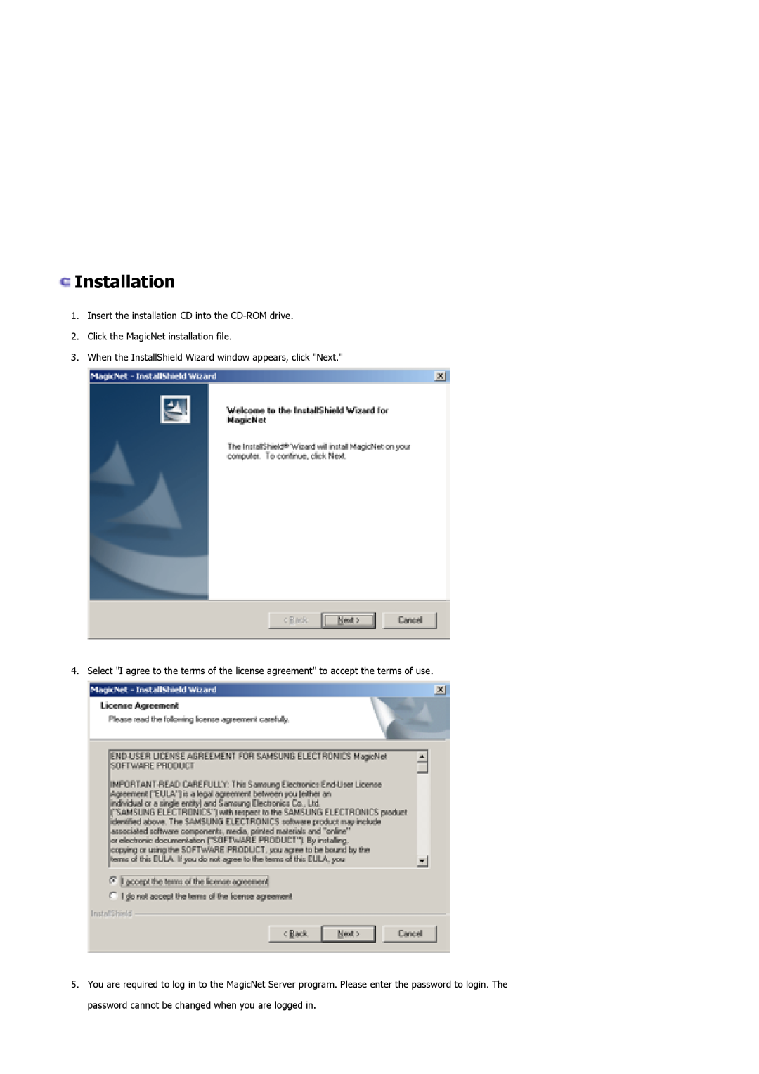 Samsung 400P manual Installation, Insert the installation CD into the CD-ROM drive, Click the MagicNet installation file 