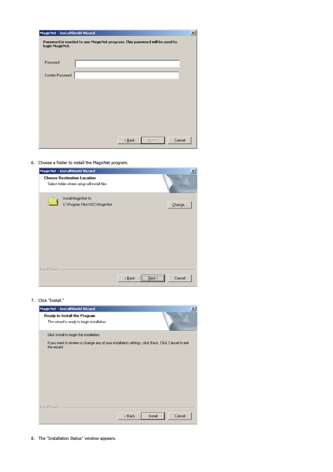 Samsung 400Pn, 400P manual Choose a folder to install the MagicNet program 7. Click Install 