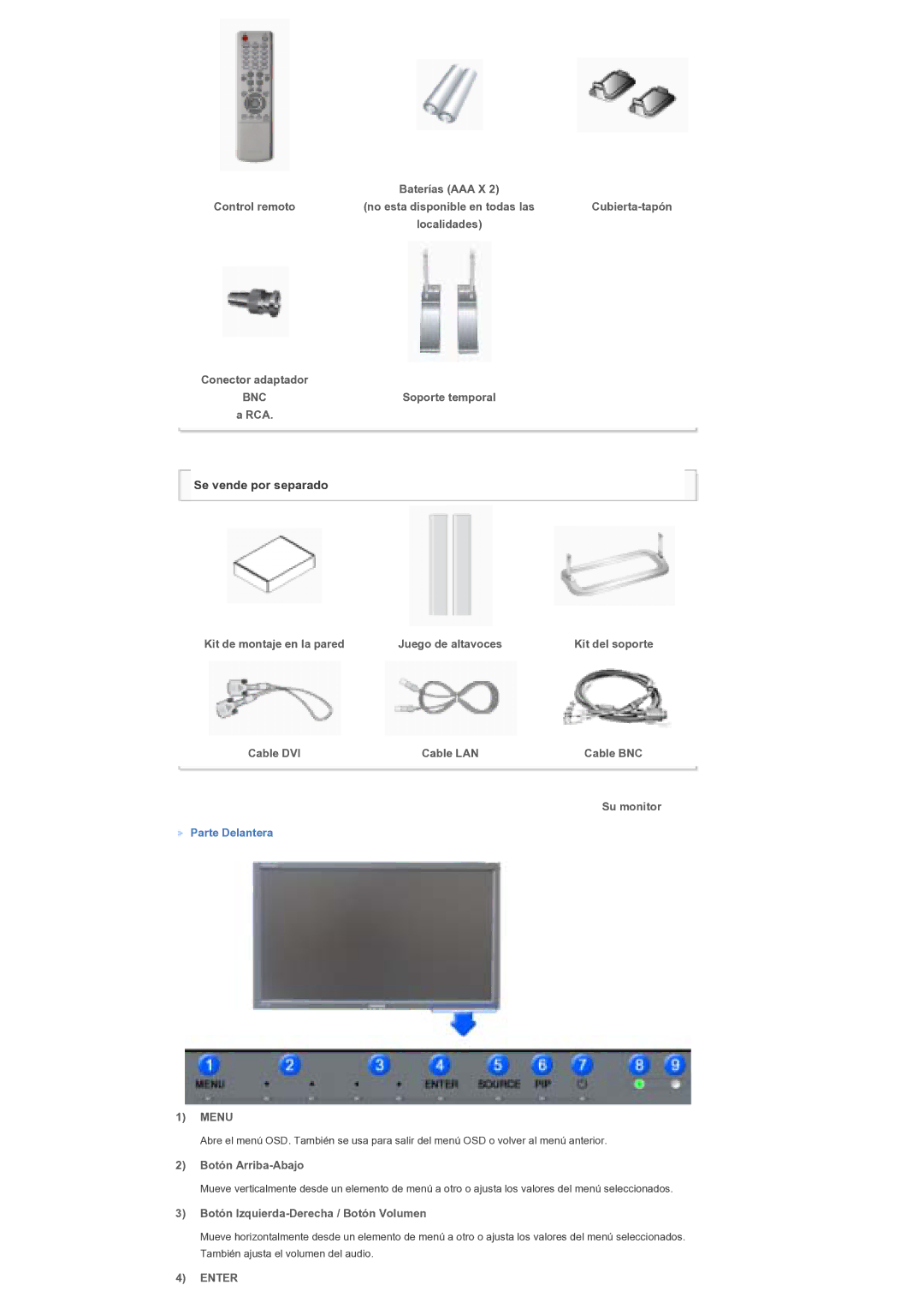 Samsung 400PXn, 460PXn quick start Conector adaptador BNCSoporte temporal a RCA, Cable DVI Cable LAN Cable BNC 