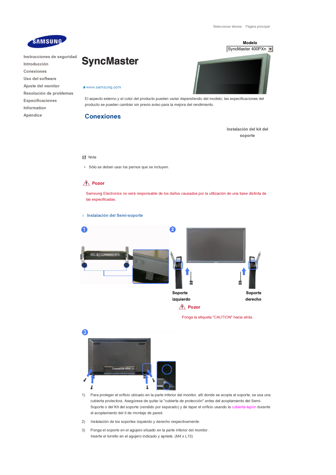 Samsung 460PXn, 400PXn quick start Instalación del kit del Soporte, Instalación del Semi-soporte 