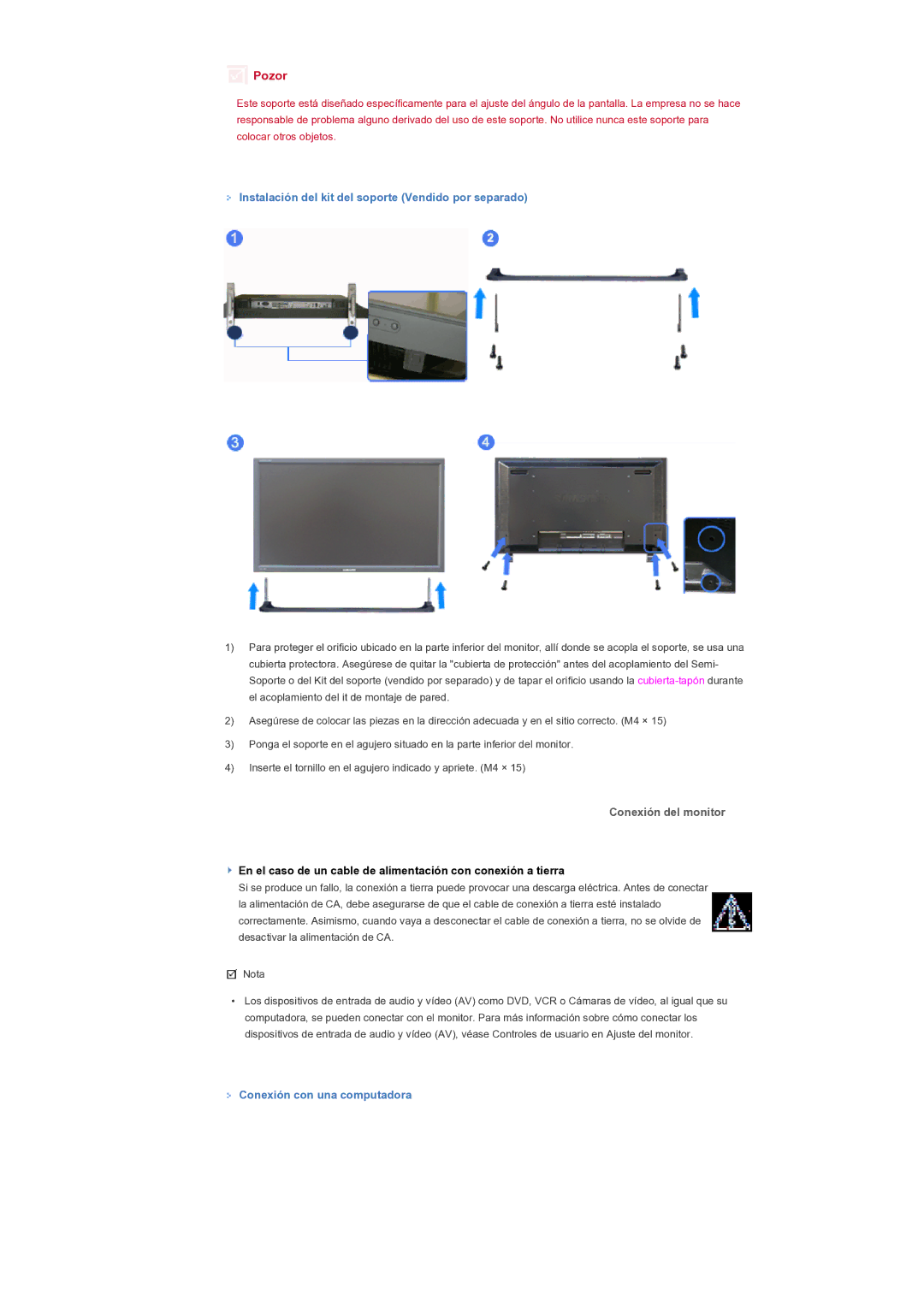 Samsung 460PX Instalación del kit del soporte Vendido por separado, Conexión del monitor, Conexión con una computadora 