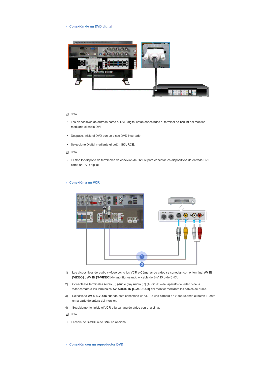 Samsung 400PXn, 460PXn quick start Conexión de un DVD digital, Conexión a un VCR, Conexión con un reproductor DVD 