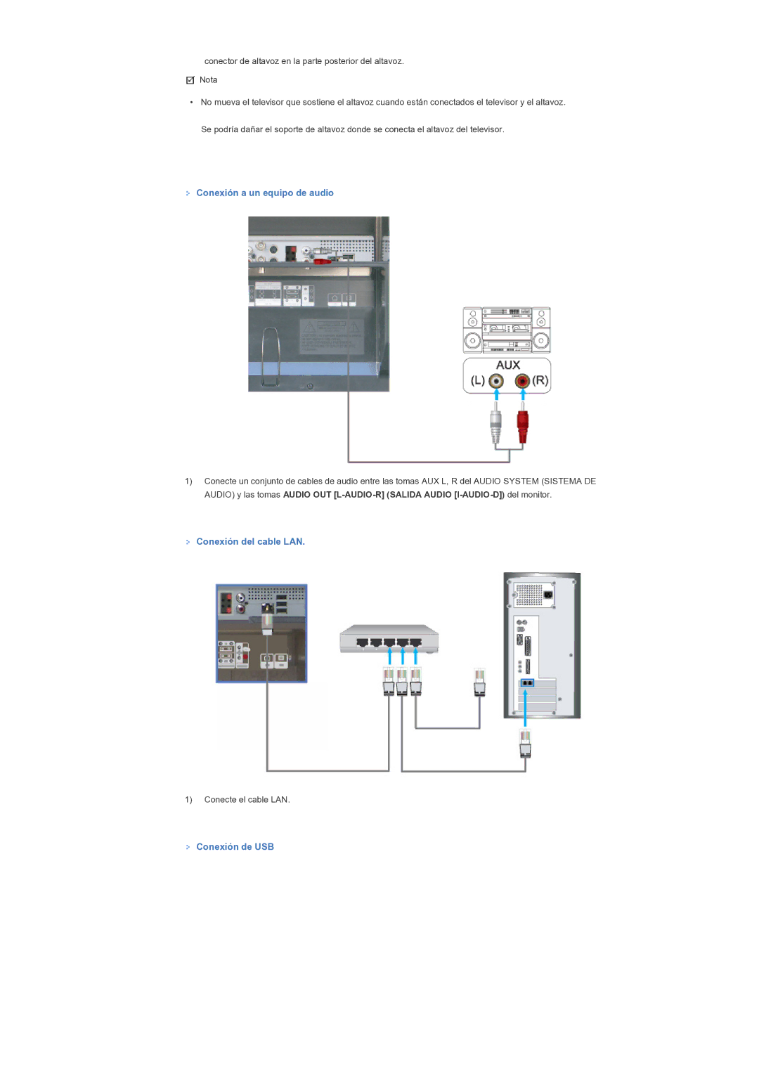 Samsung 400PXn, 460PXn quick start Conexión a un equipo de audio, Conexión del cable LAN, Conexión de USB 